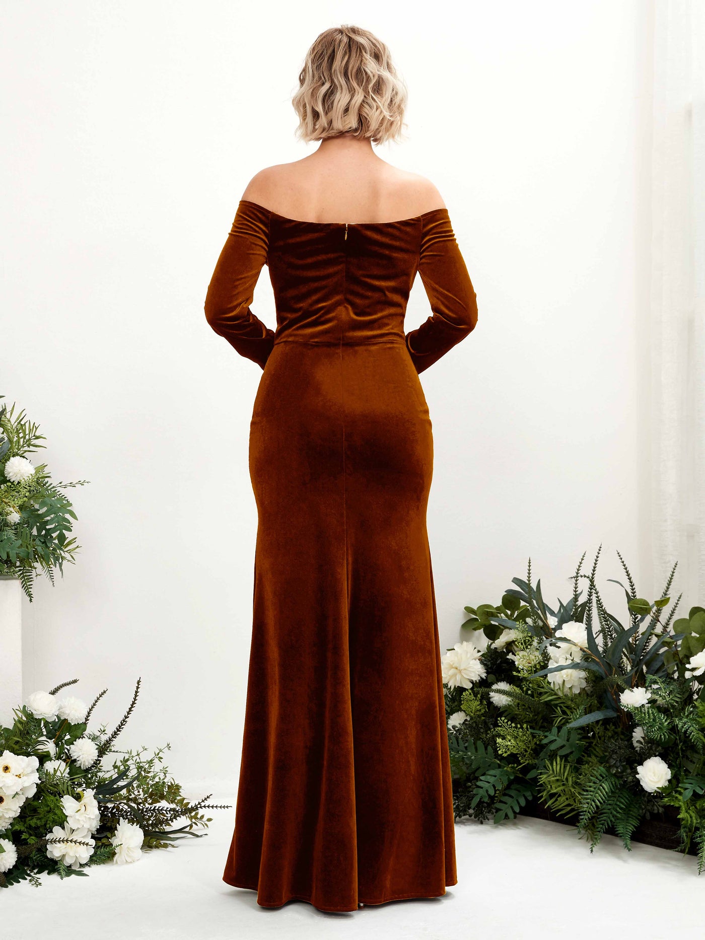 Carlyna Fourreau Épaule Dénudée Sirène Manches Longues Robes de demoiselle d'honneur Orange Brûlé #couleur_orange-br-l