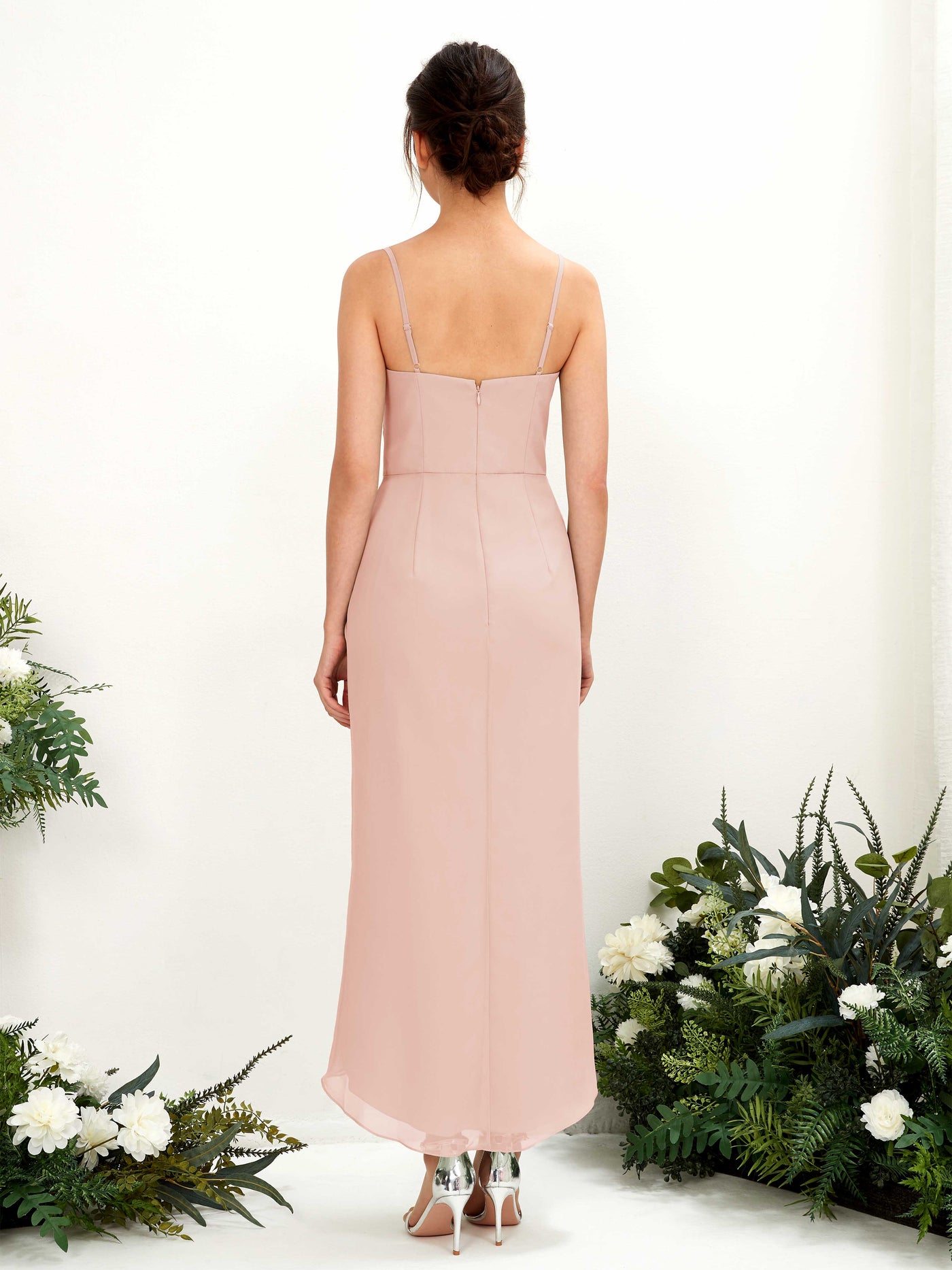 Carlyna Fourreau Longueur mollet Col V froncé robe de demoiselle d'honneur Rose Perle #couleur_rose-perle