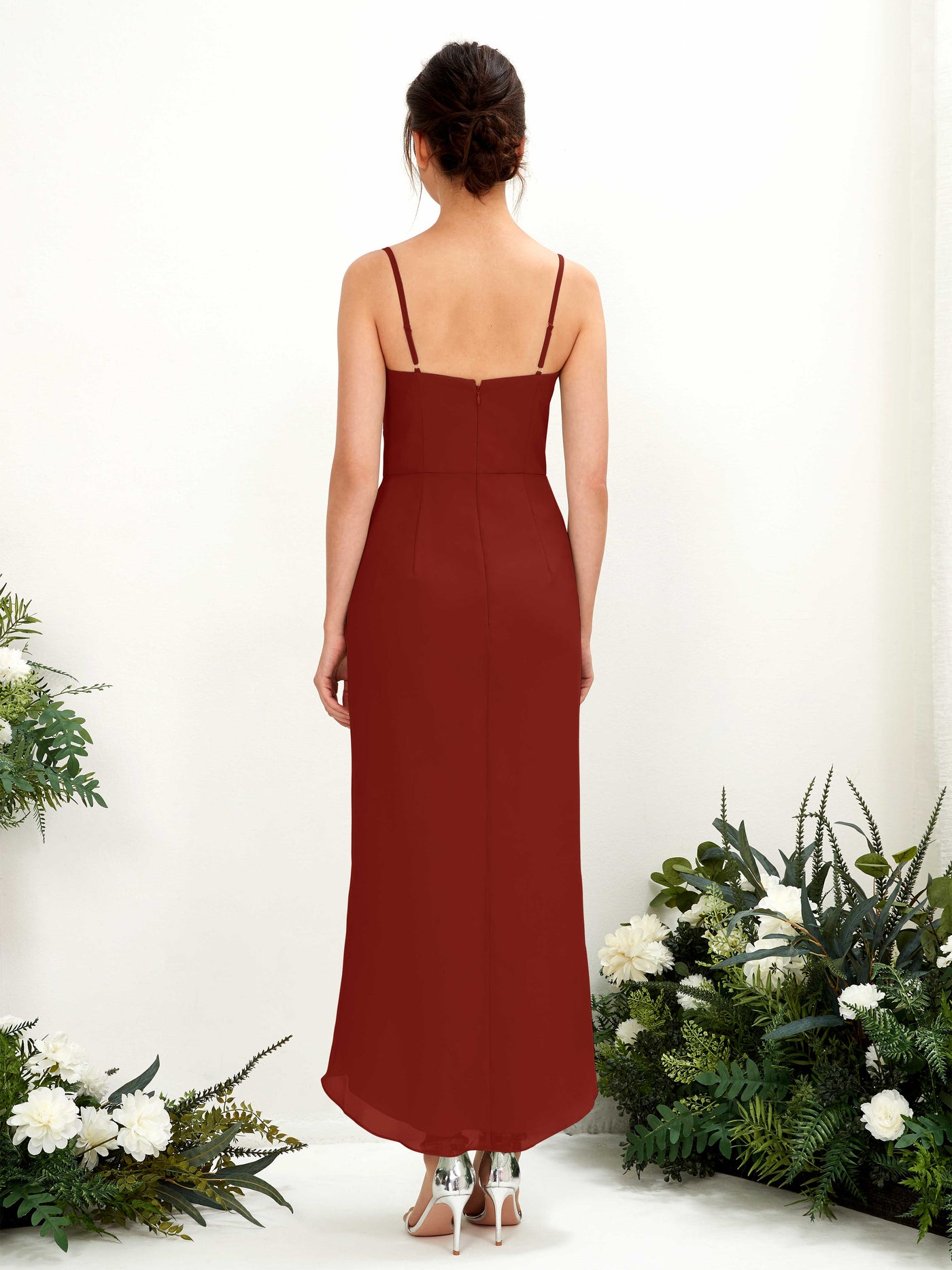 Carlyna Fourreau Longueur mollet Col V froncé robe de demoiselle d'honneur Rouille #couleur_rouille