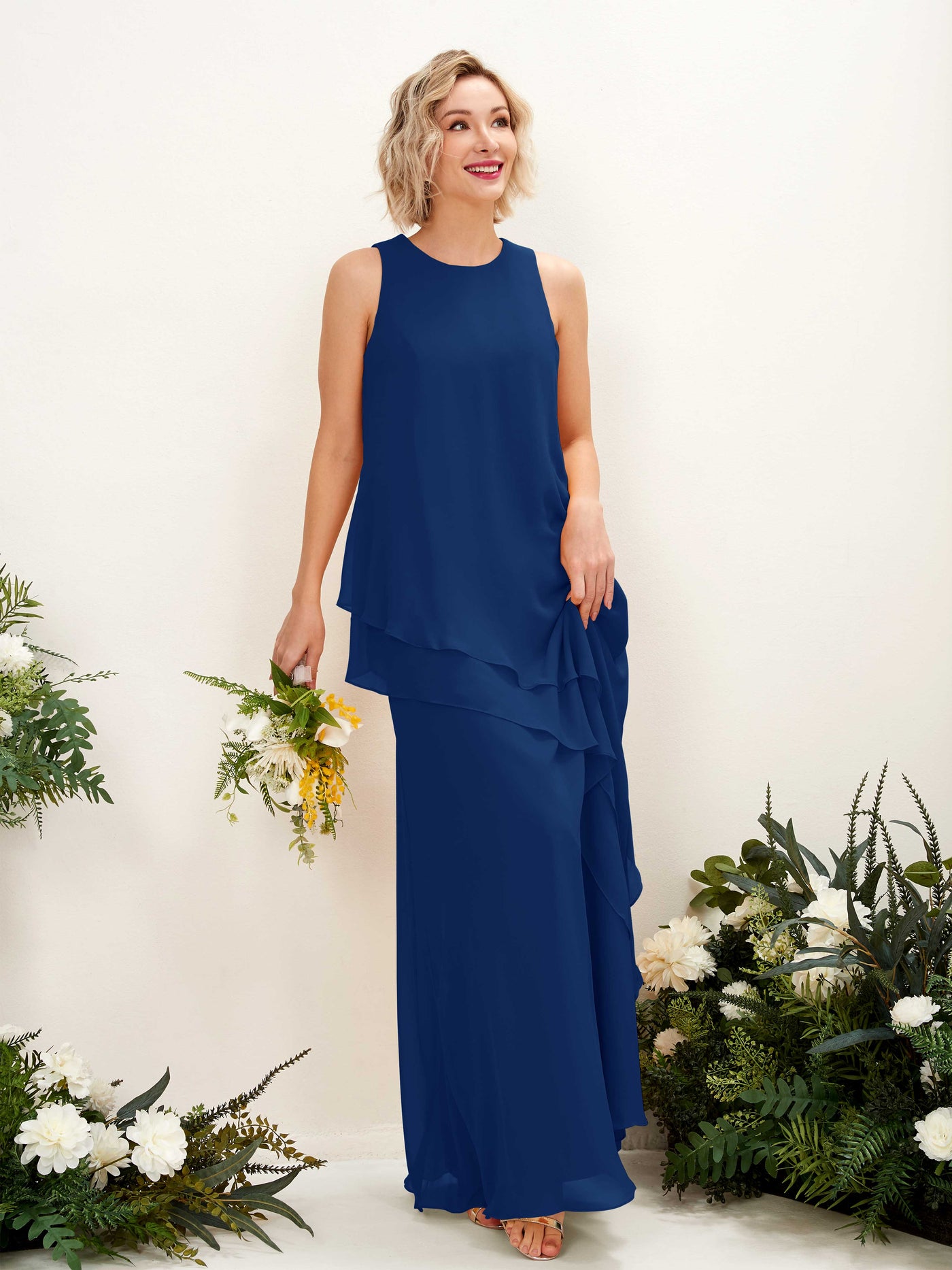 Carlyna Fourreau Longueur ras du sol Col rond Robe de demoiselle d'honneur Bleu Roi #couleur_bleu-roi