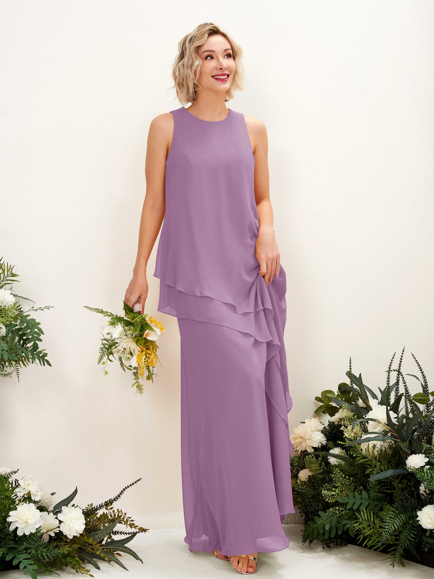 Carlyna Fourreau Longueur ras du sol Col rond Robe de demoiselle d'honneur Brume Orchidée #couleur_brume-orchid-e