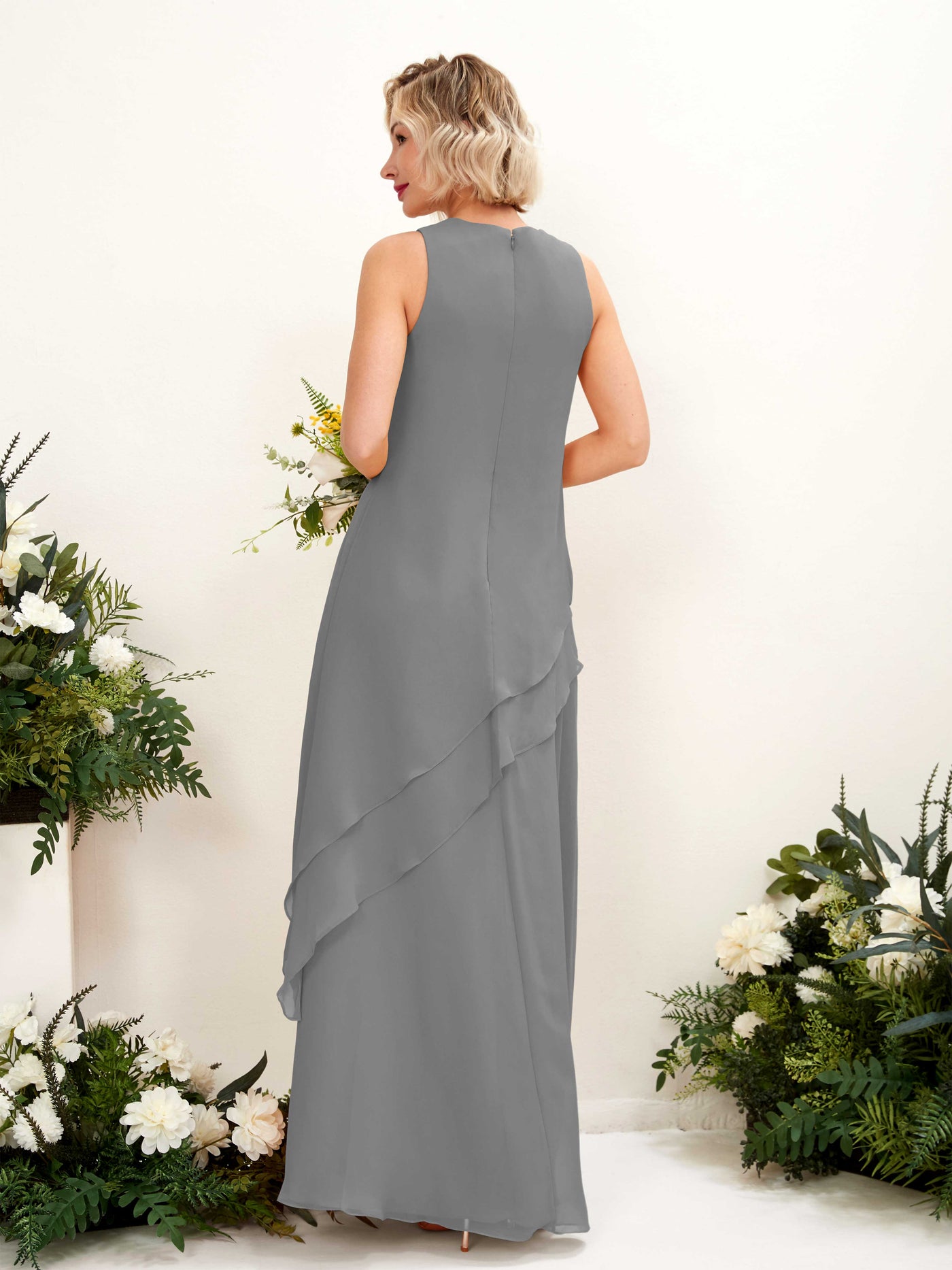 Carlyna Fourreau Longueur ras du sol Col rond Robe de demoiselle d'honneur Gris Acier #couleur_gris-acier