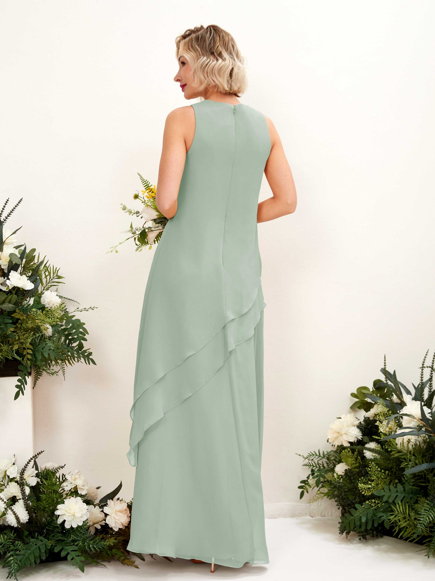 Carlyna Fourreau Longueur ras du sol Col rond Robe de demoiselle d'honneur Vert Sauge Foncé #couleur_vert-sauge-fonc