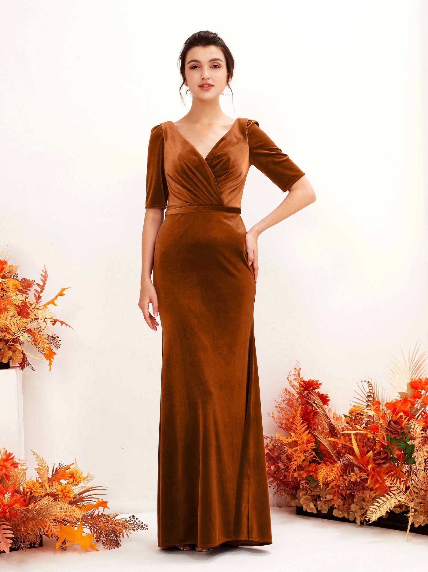 Carlyna Fourreau Longueur ras du sol Col V Manches mi-longues Velours Robe de demoiselle d'honneur Orange Brûlé #couleur_orange-br-l
