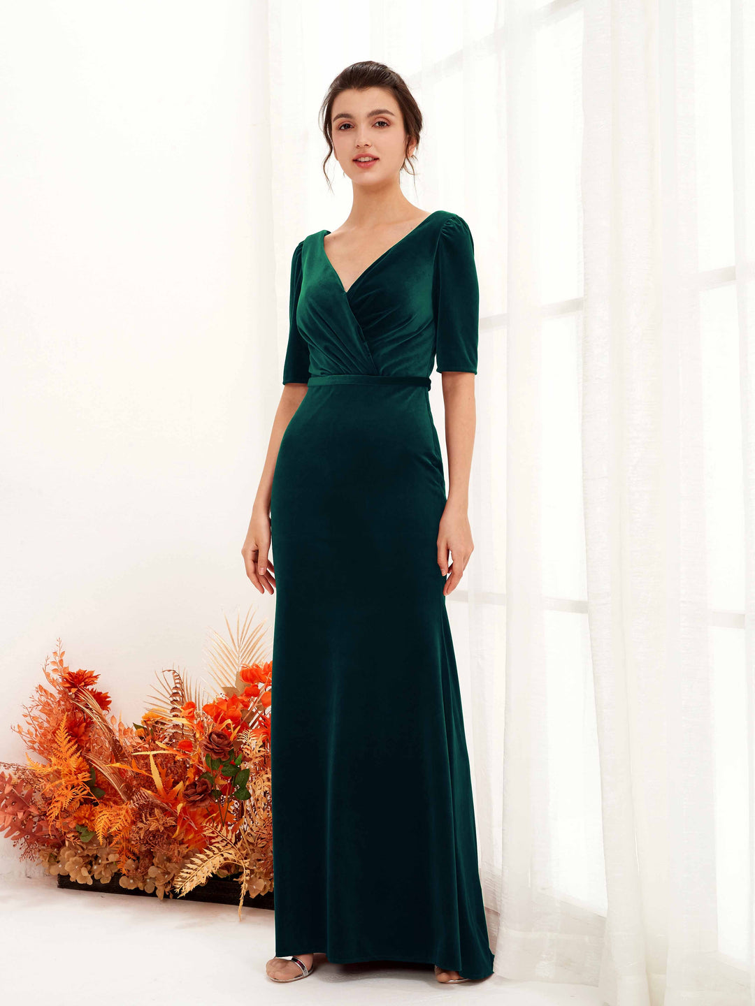 Carlyna Fourreau Longueur ras du sol Col V Manches mi-longues Velours Robe de demoiselle d&