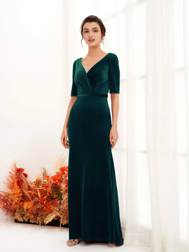Carlyna Fourreau Longueur ras du sol Col V Manches mi-longues Velours Robe de demoiselle d&
