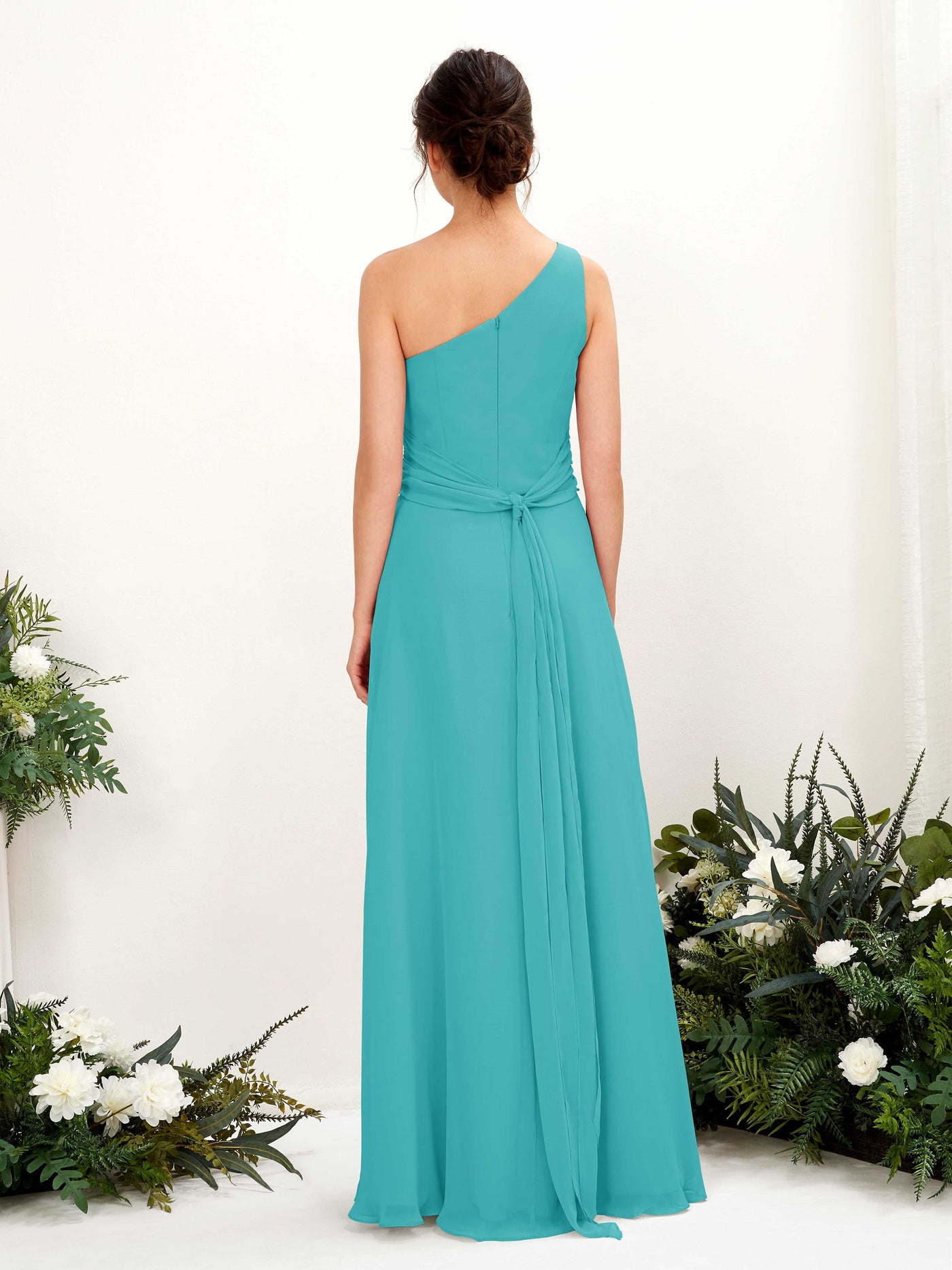 Carlyna Fourreau Longueur ras du sol Décolleté Asymétrique avec Fente Mousseline Robes de demoiselle d'honneur Turquoise #couleur_turquoise