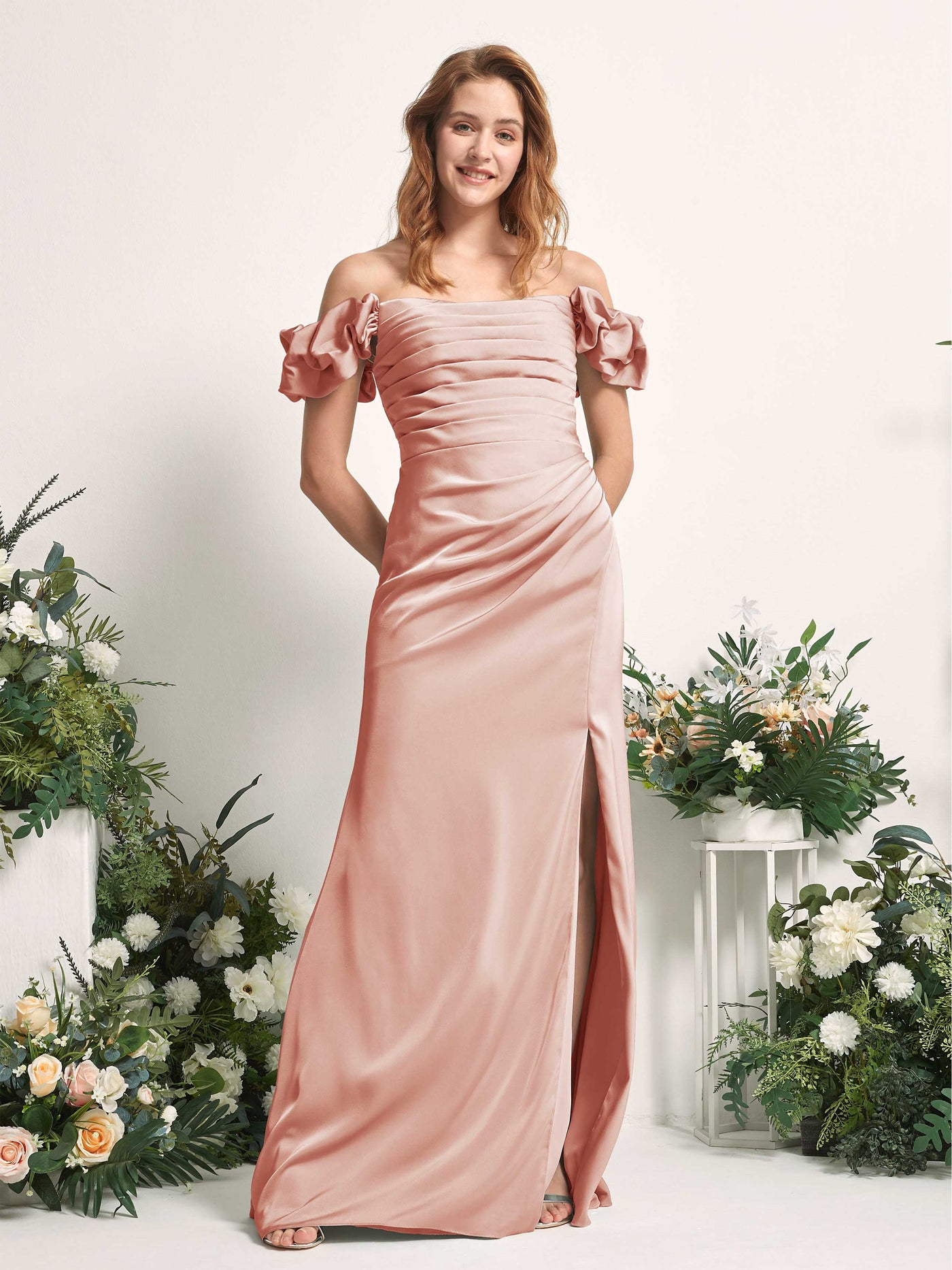 Carlyna Fourreau Longueur ras du sol Épaule Dénudée Robe demoiselle d'honneur Cantaloup #couleur_cantaloup