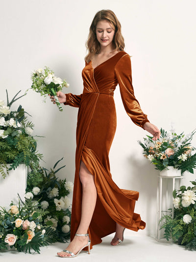 Carlyna Fourreau Silhouette Manches Longues Col V longueur ras du sol robe de demoiselle d'honneur Orange Brûlé #couleur_orange-br-l