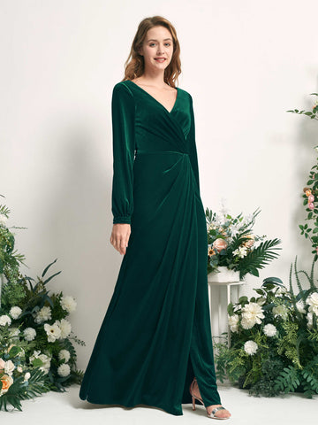 Carlyna Fourreau Silhouette Manches Longues Col V longueur ras du sol robe de demoiselle d'honneur Vert Chasseur #couleur_vert-chasseur
