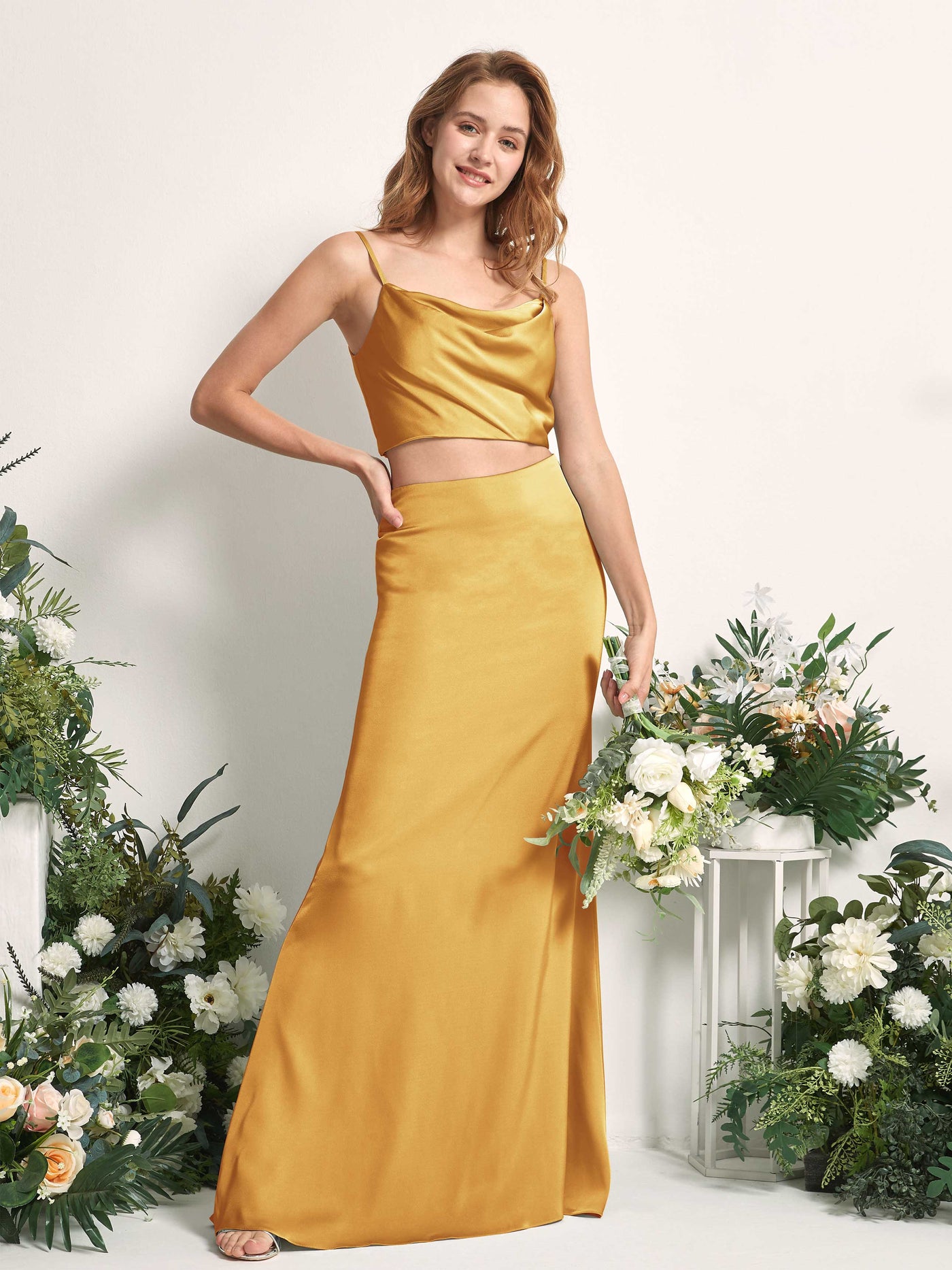 Carlyna Fourreau Sirène Col bénitier Longueur ras du sol Robes de demoiselle d'honneur Jaune Canari #couleur_jaune-canari