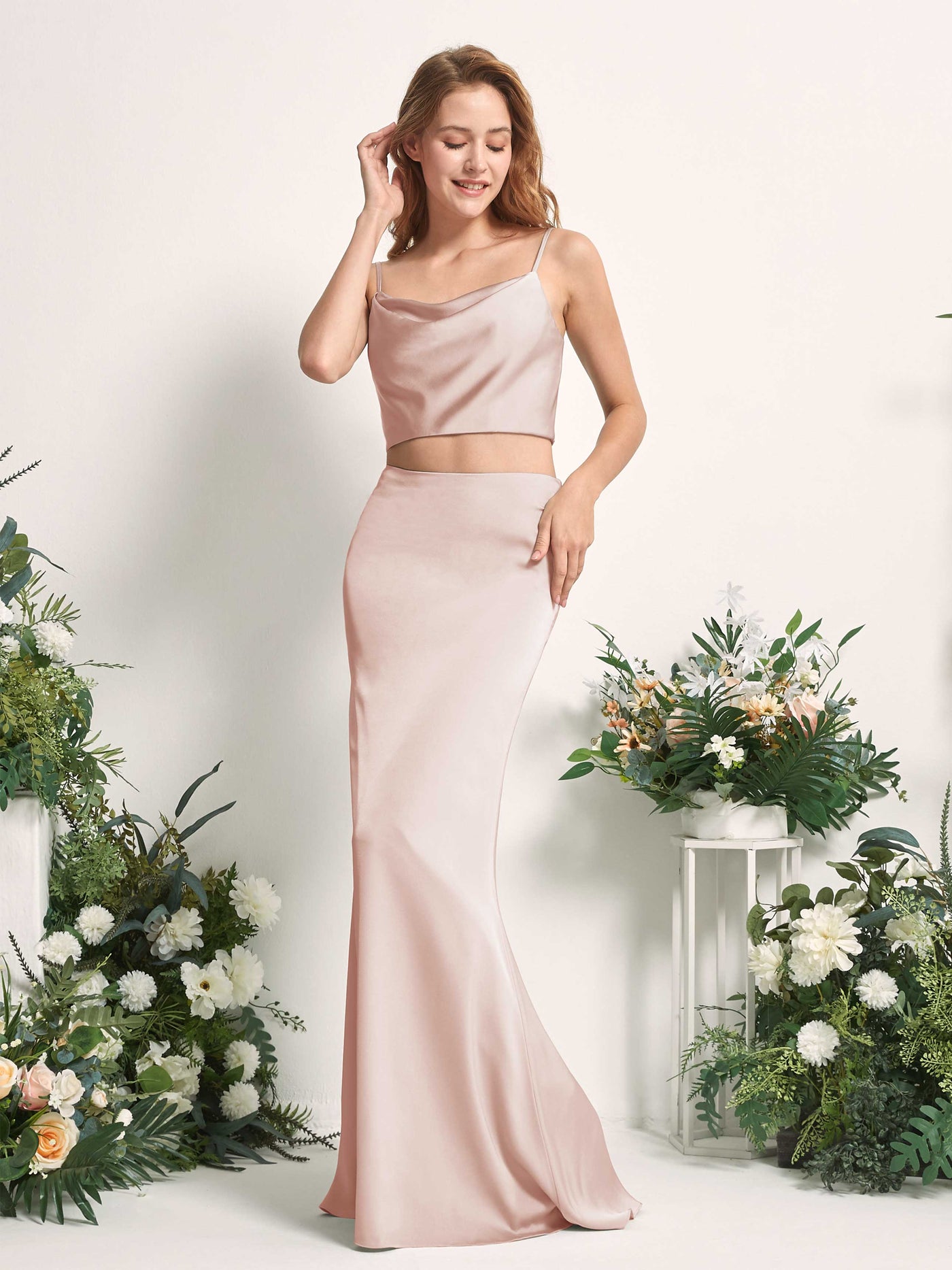 Carlyna Fourreau Sirène Col bénitier Longueur ras du sol Robes de demoiselle d'honneur Rose Perle #couleur_rose-perle