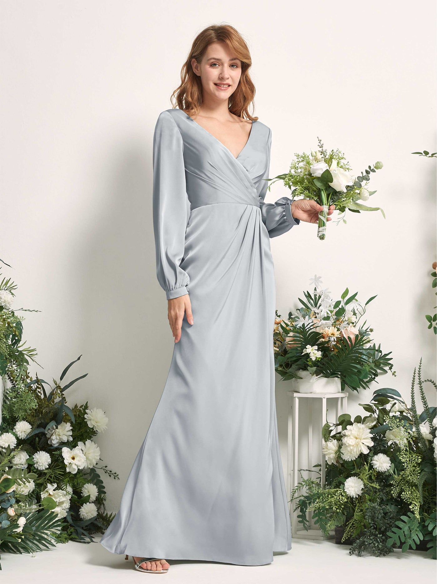 Carlyna Fourreau Sirène Col V Manches Longues Robes de demoiselle d'honneur Bleu Bébé #couleur_bleu-b-b
