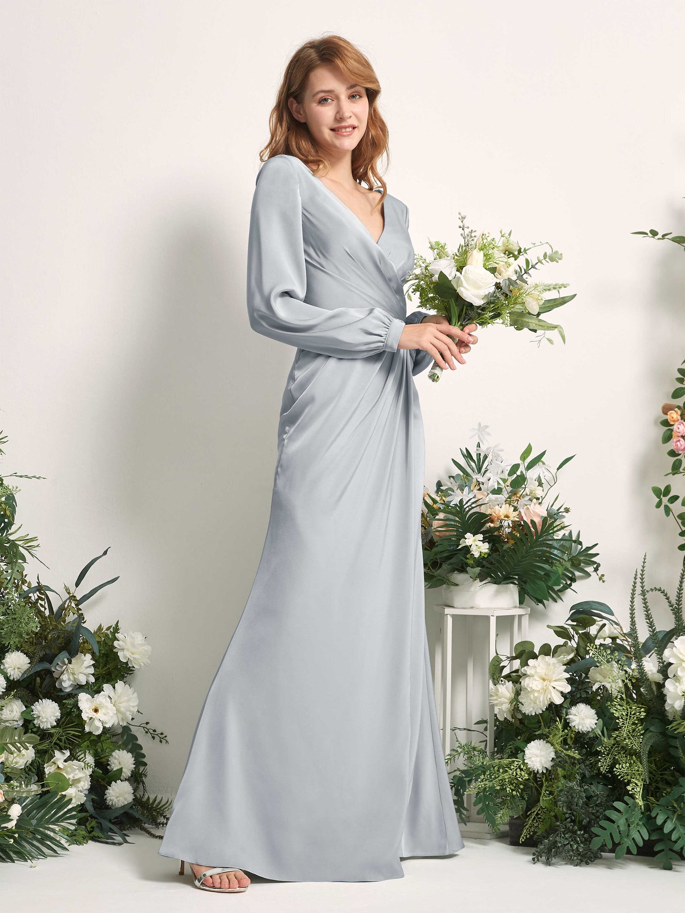 Carlyna Fourreau Sirène Col V Manches Longues Robes de demoiselle d'honneur Bleu Bébé #couleur_bleu-b-b