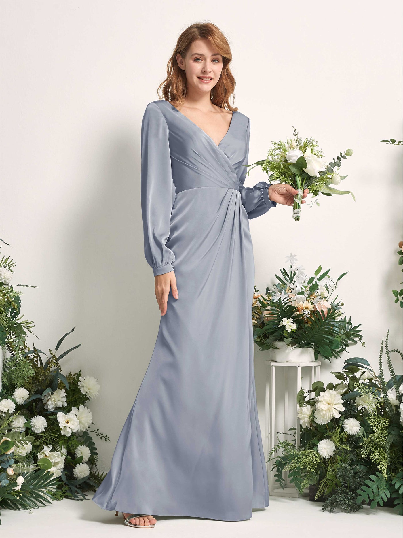 Carlyna Fourreau Sirène Col V Manches Longues Robes de demoiselle d'honneur Bleu Poussiéreux #couleur_bleu-poussi-reux