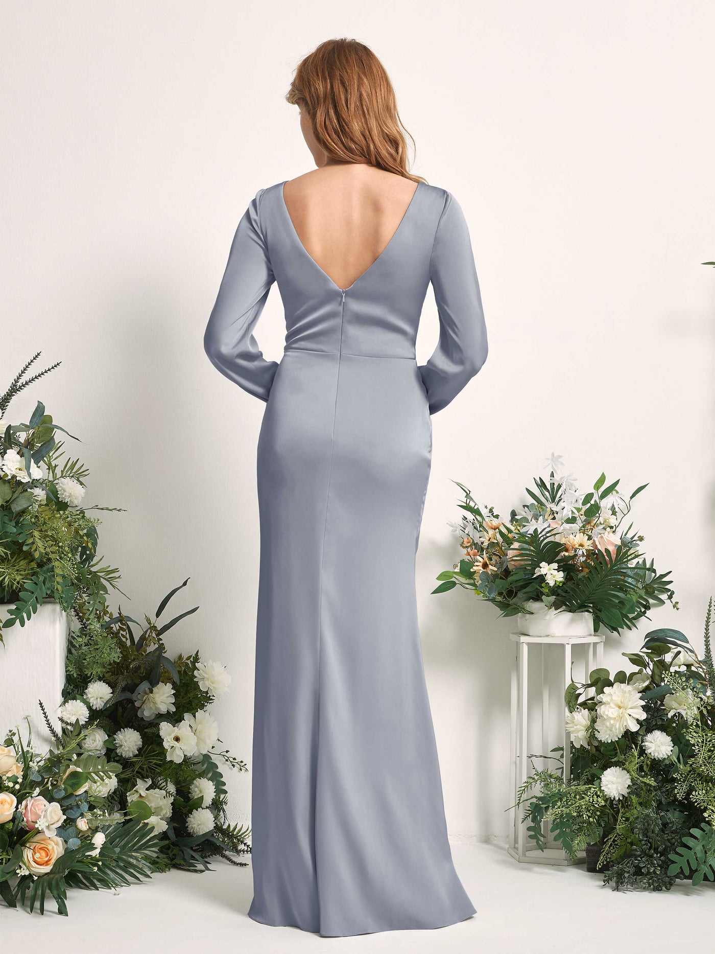 Carlyna Fourreau Sirène Col V Manches Longues Robes de demoiselle d'honneur Bleu Poussiéreux #couleur_bleu-poussi-reux