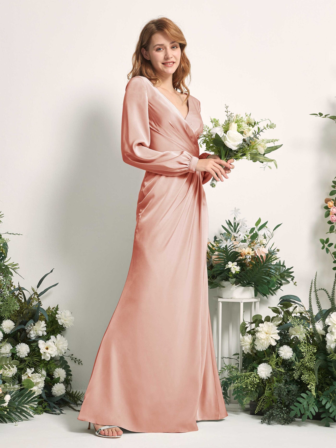 Carlyna Fourreau Sirène Col V Manches Longues Robes de demoiselle d'honneur Cantaloup #couleur_cantaloup