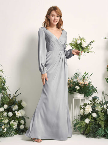 Carlyna Fourreau Sirène Col V Manches Longues Robes de demoiselle d'honneur Gris Boussole #couleur_gris-boussole