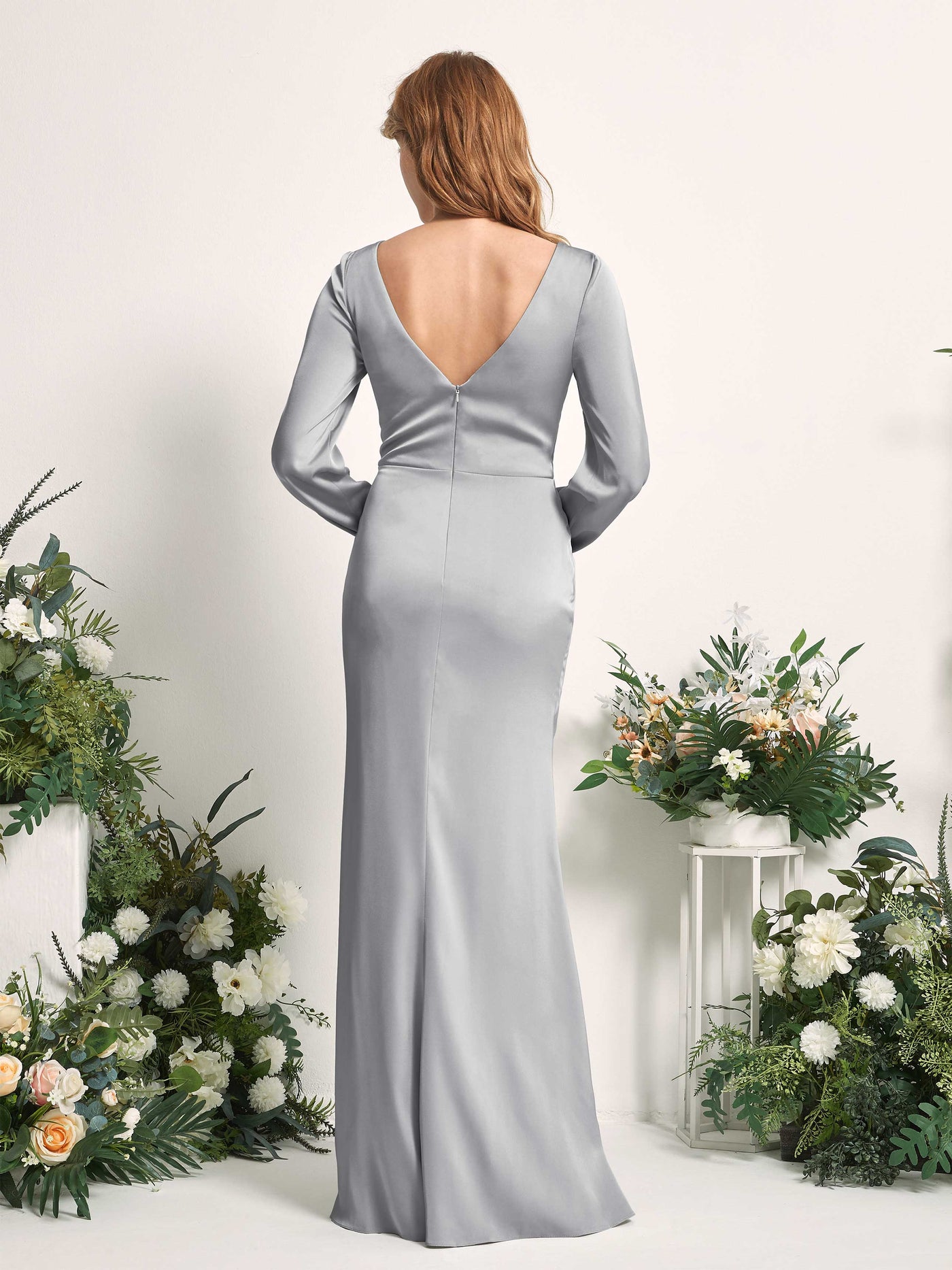 Carlyna Fourreau Sirène Col V Manches Longues Robes de demoiselle d'honneur Gris Boussole #couleur_gris-boussole