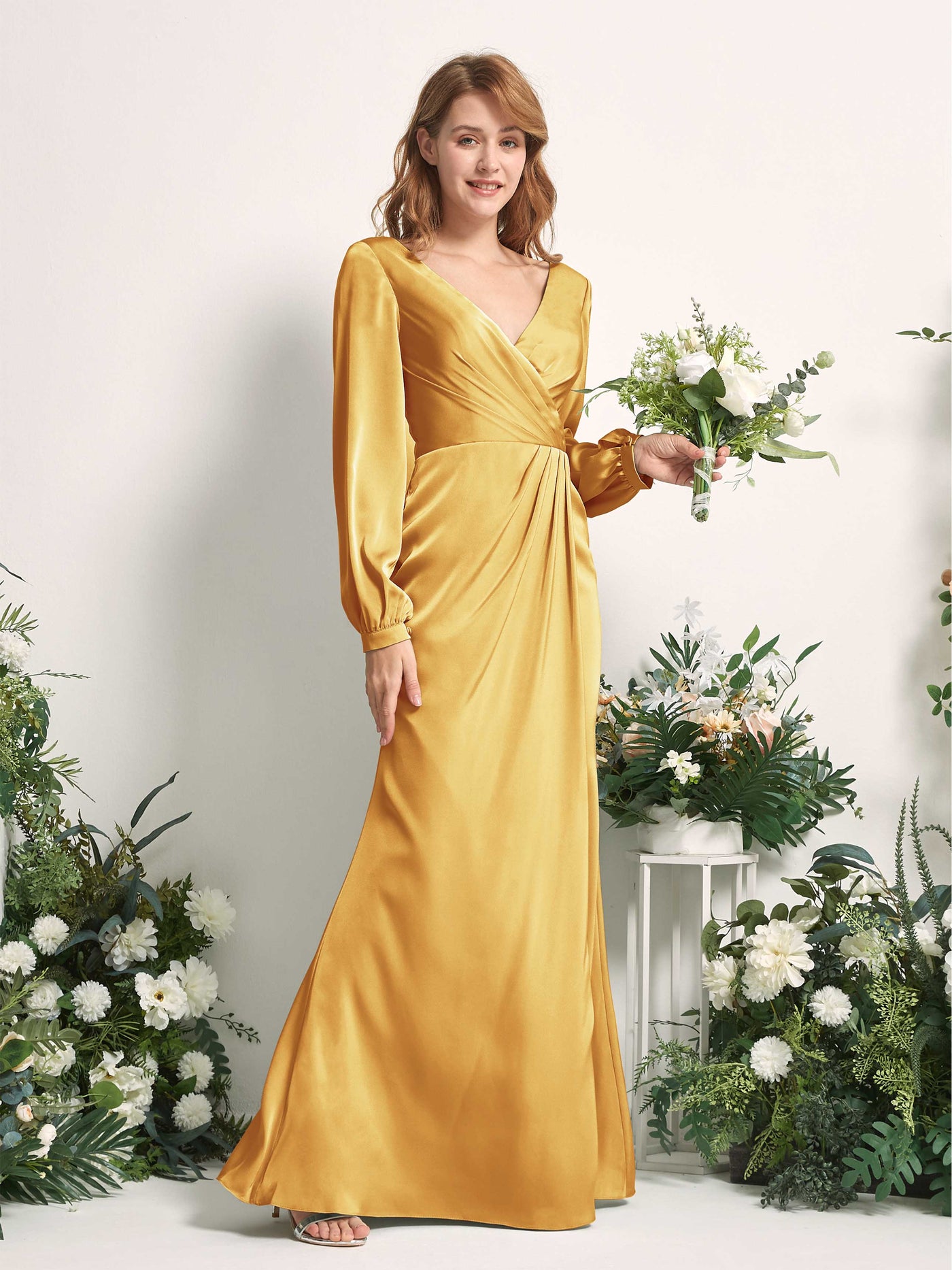 Carlyna Fourreau Sirène Col V Manches Longues Robes de demoiselle d'honneur Jaune Canari #couleur_jaune-canari