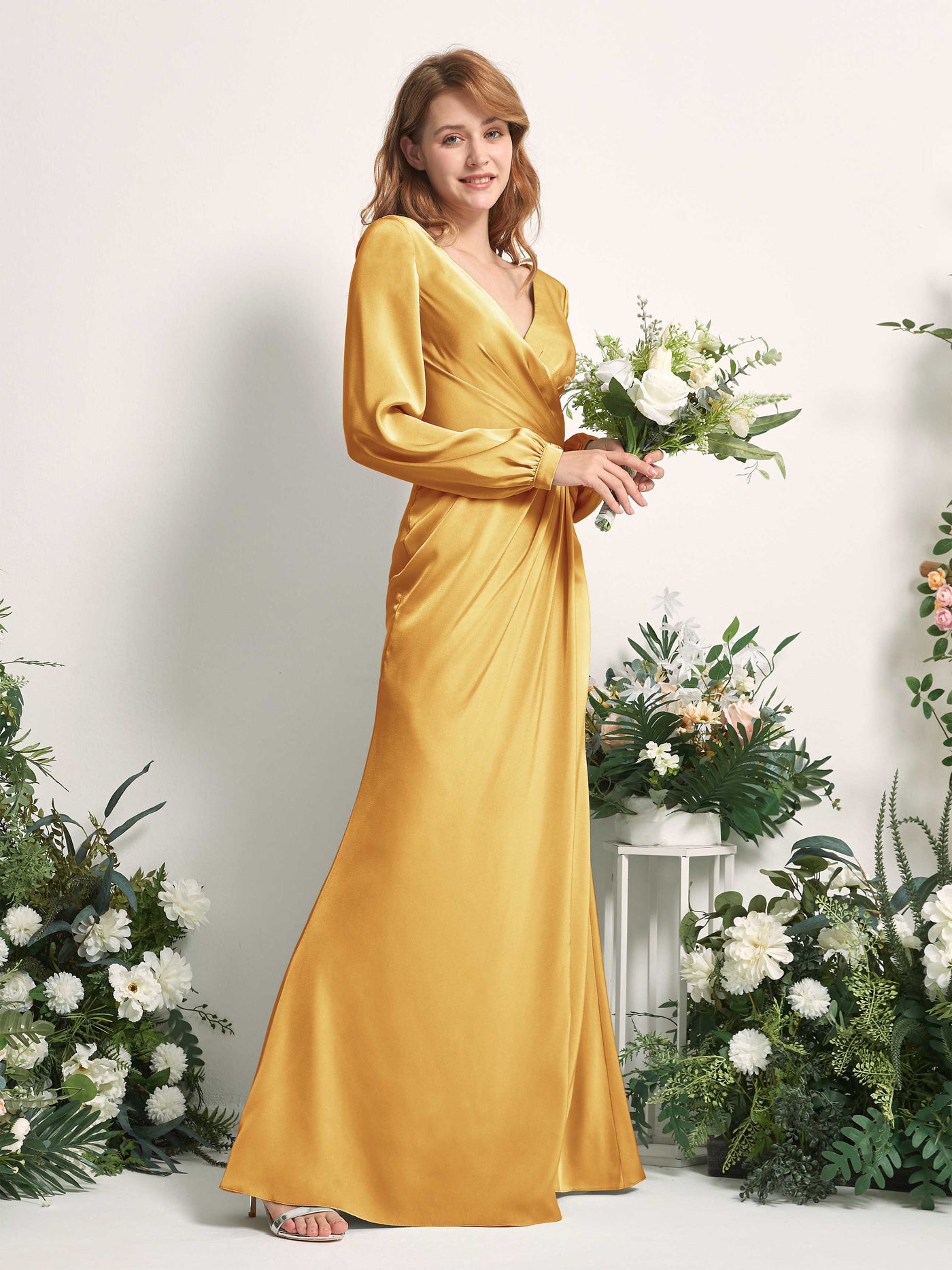 Carlyna Fourreau Sirène Col V Manches Longues Robes de demoiselle d'honneur Jaune Canari #couleur_jaune-canari