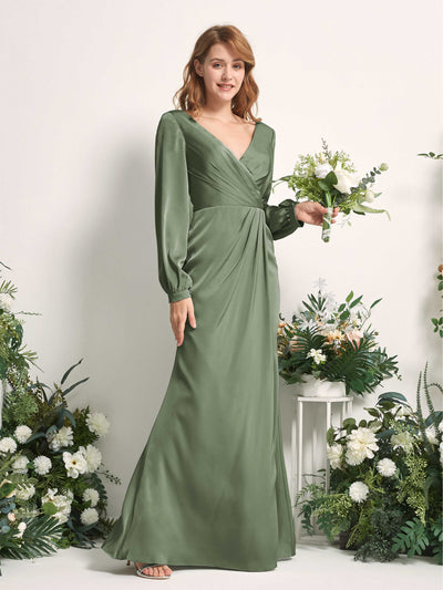 Carlyna Fourreau Sirène Col V Manches Longues Robes de demoiselle d'honneur Olive #couleur_olive