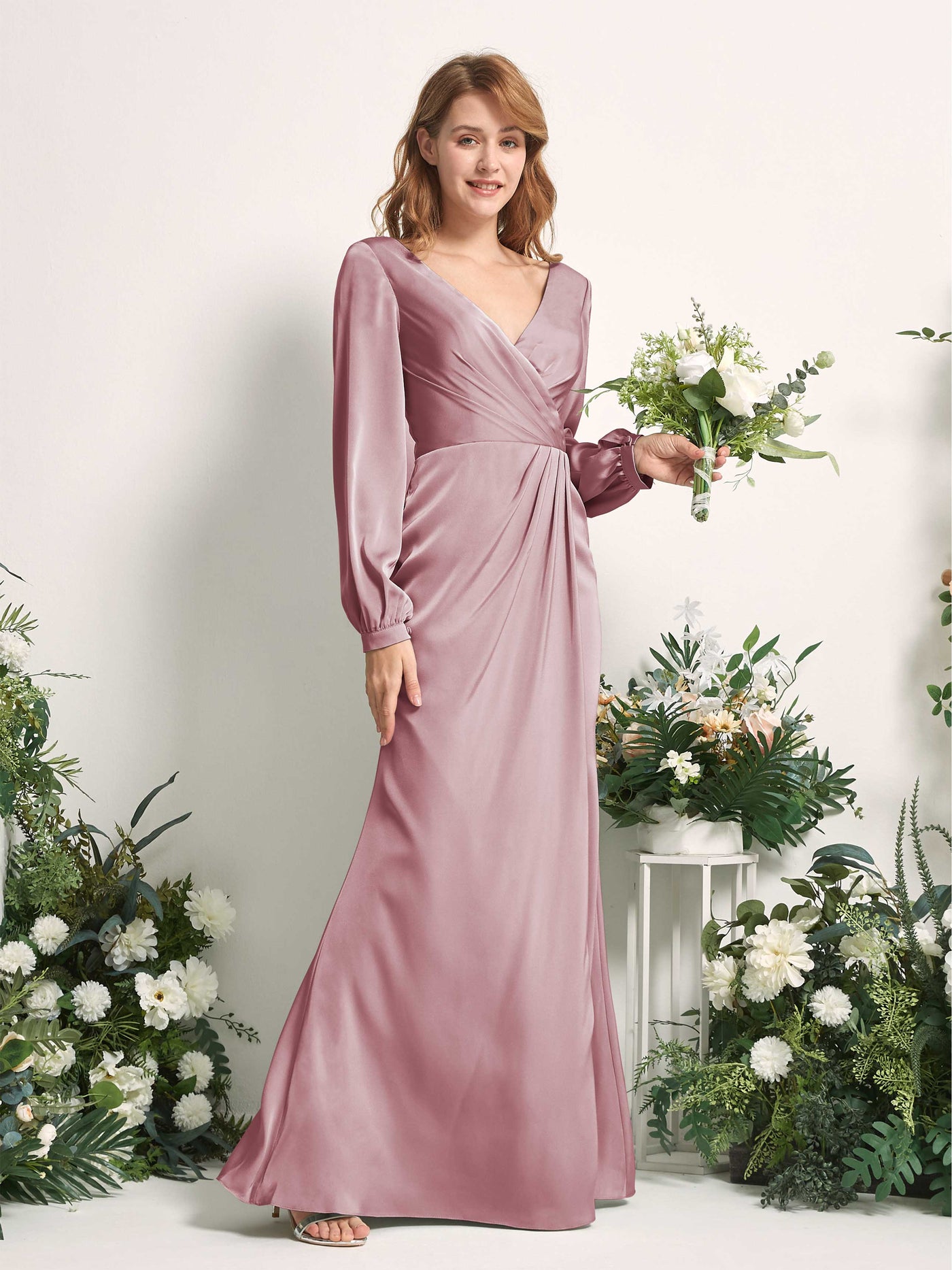 Carlyna Fourreau Sirène Col V Manches Longues Robes de demoiselle d'honneur Quartz Rose #couleur_quartz-rose
