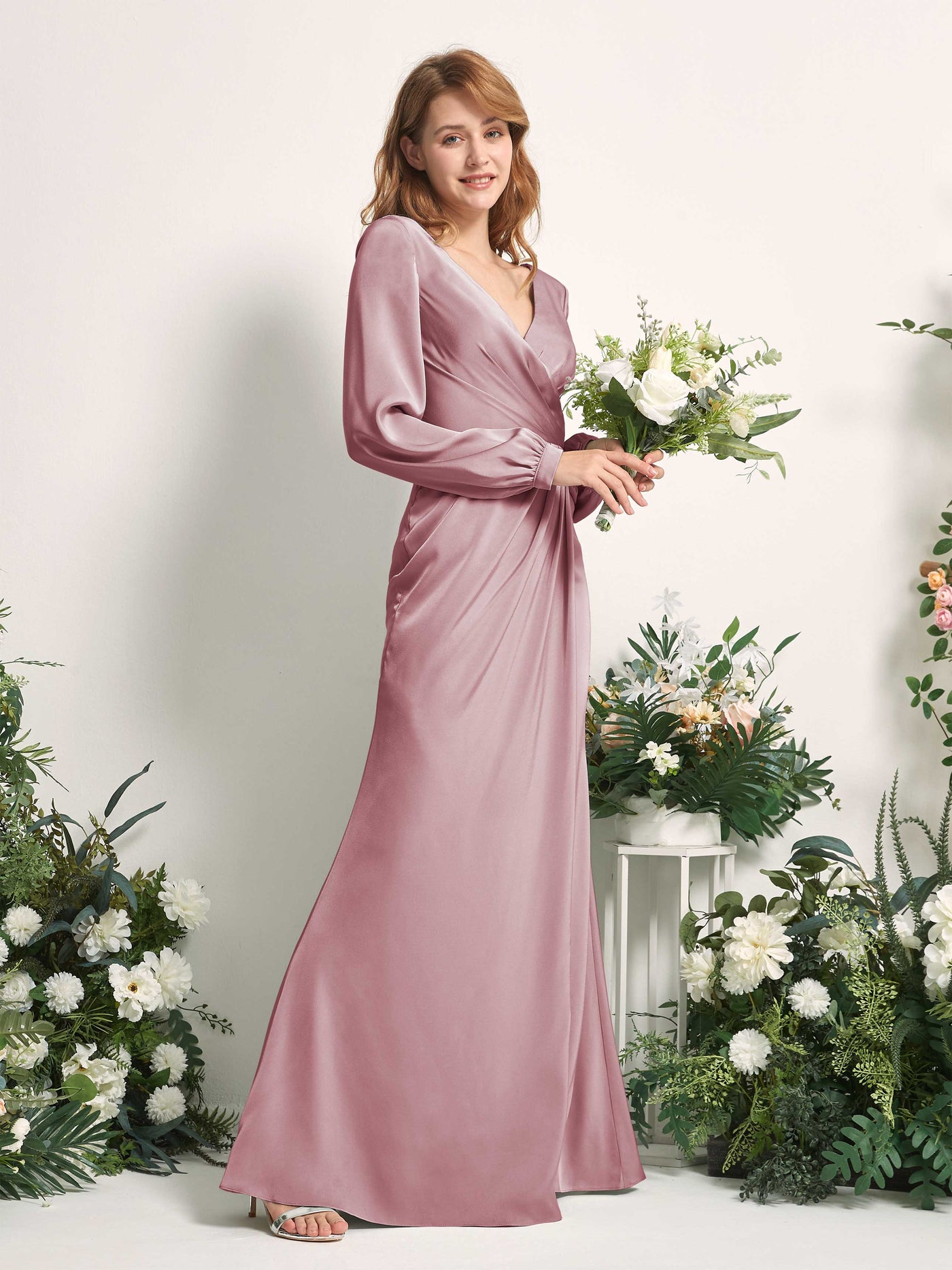 Carlyna Fourreau Sirène Col V Manches Longues Robes de demoiselle d'honneur Quartz Rose #couleur_quartz-rose