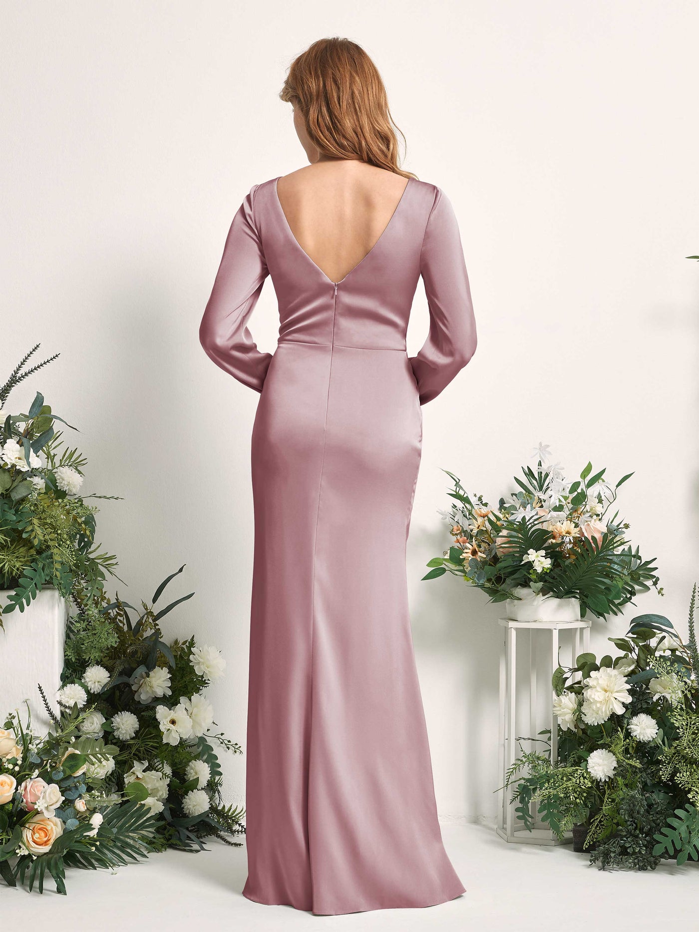 Carlyna Fourreau Sirène Col V Manches Longues Robes de demoiselle d'honneur Quartz Rose #couleur_quartz-rose