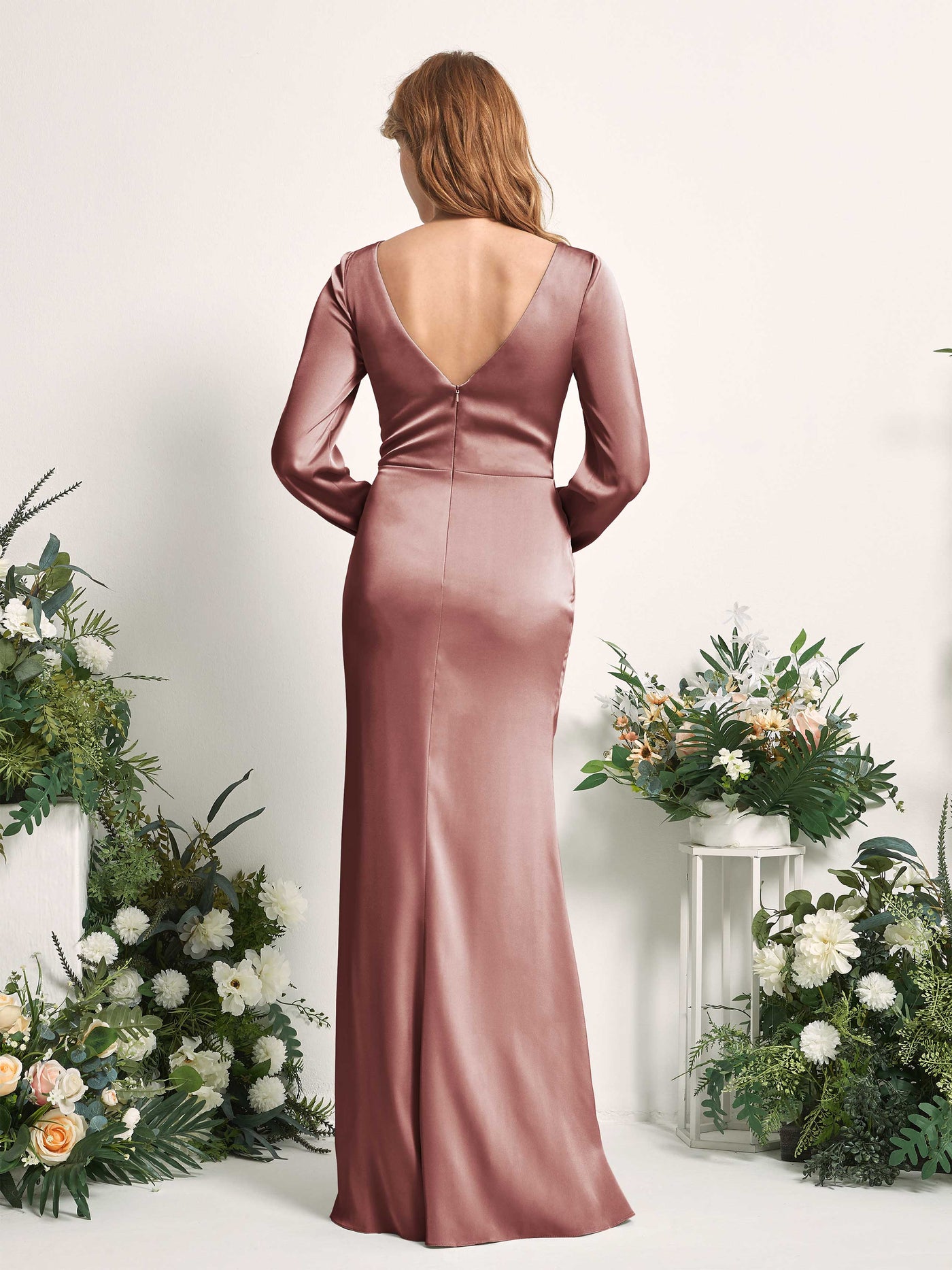 Carlyna Fourreau Sirène Col V Manches Longues Robes de demoiselle d'honneur Rose Du Désert #couleur_rose-du-d-sert