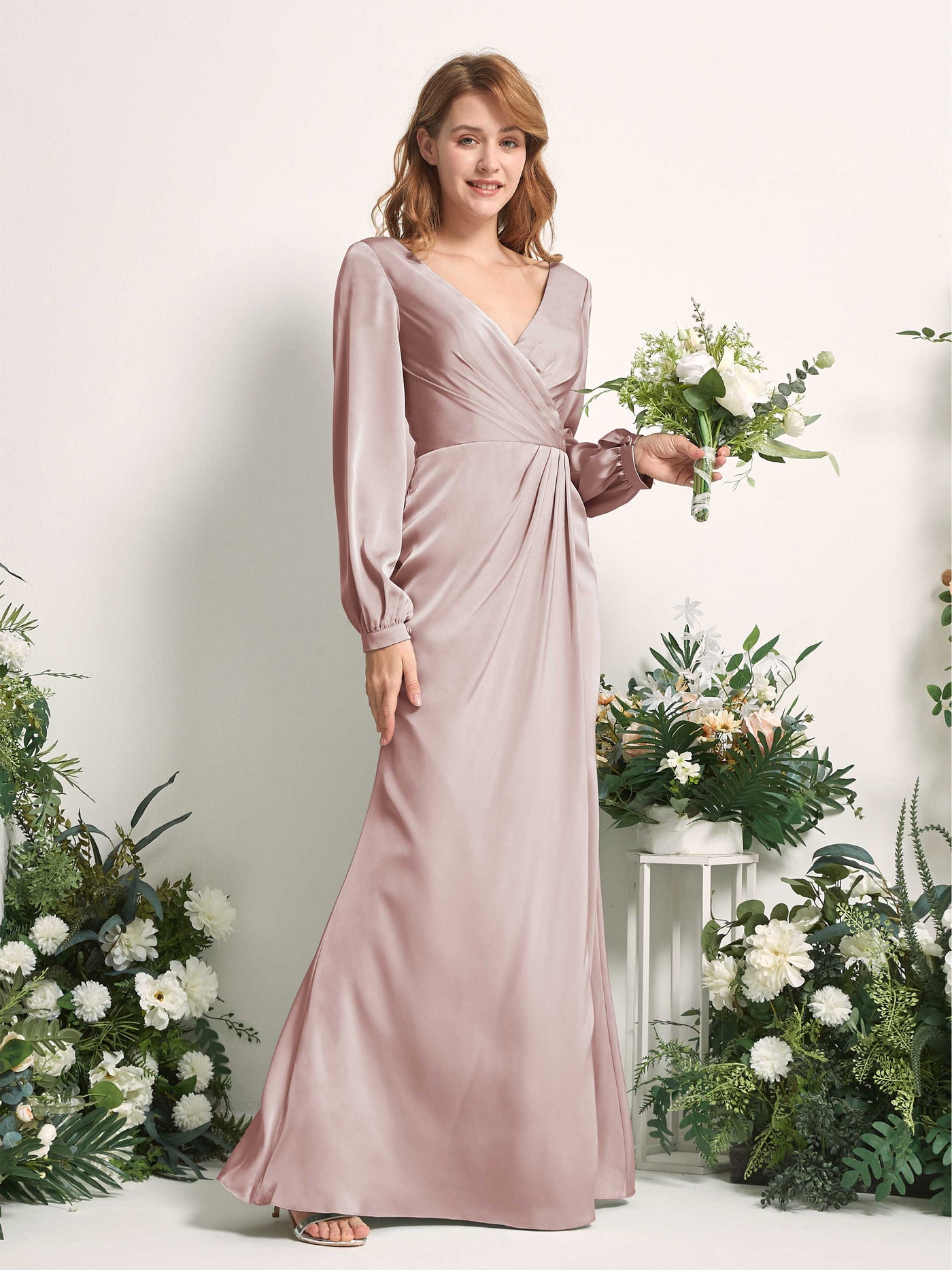Carlyna Fourreau Sirène Col V Manches Longues Robes de demoiselle d'honneur Rose Poussiéreux #couleur_rose-poussi-reux