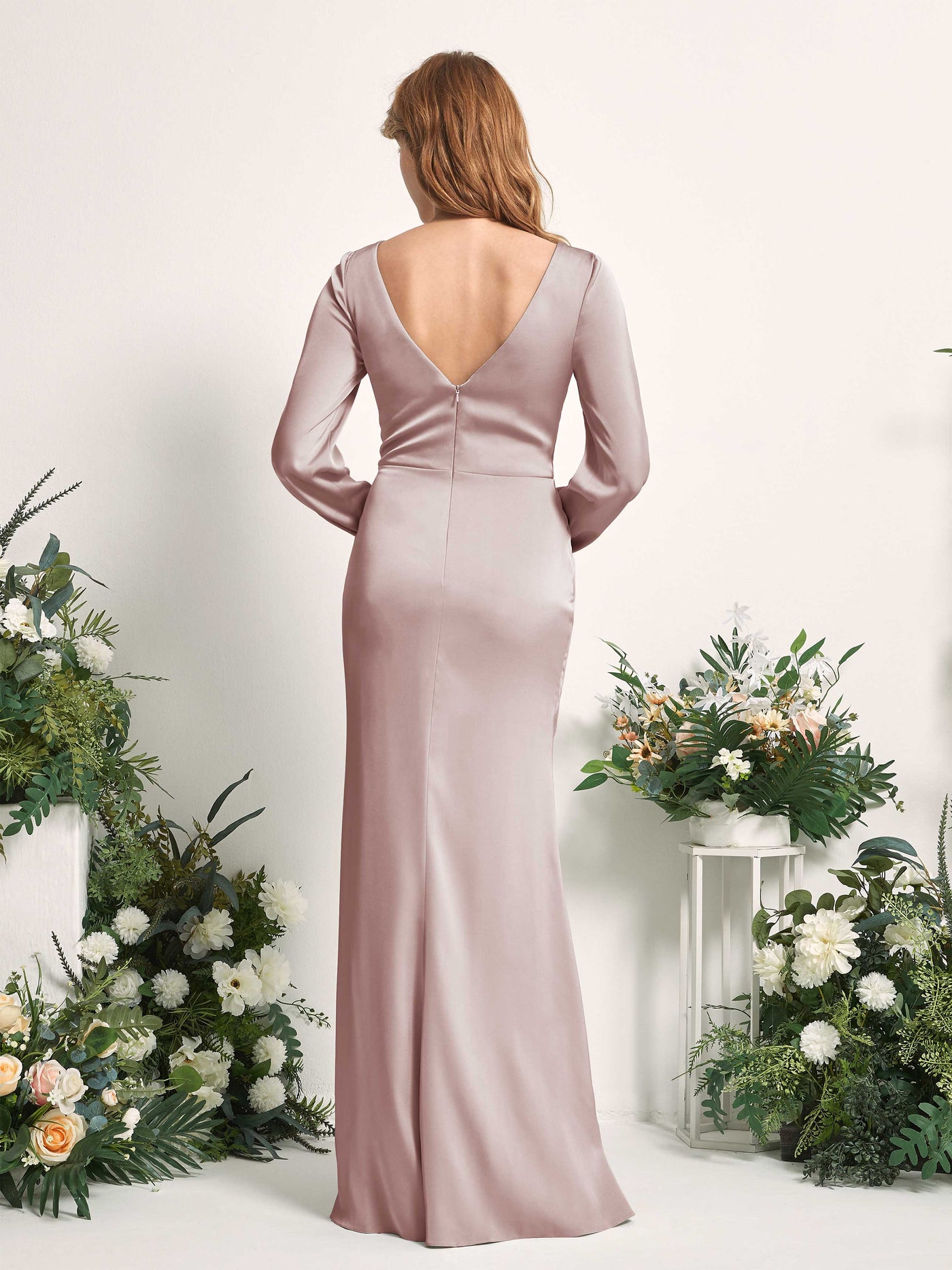 Carlyna Fourreau Sirène Col V Manches Longues Robes de demoiselle d'honneur Rose Poussiéreux #couleur_rose-poussi-reux