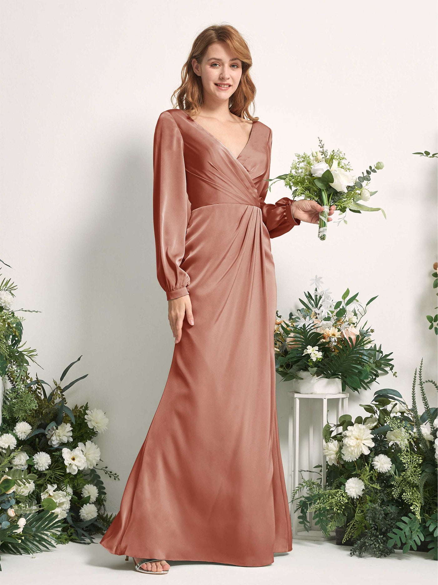 Carlyna Fourreau Sirène Col V Manches Longues Robes de demoiselle d'honneur Terre De Sienne Brute #couleur_terre-de-sienne-brute