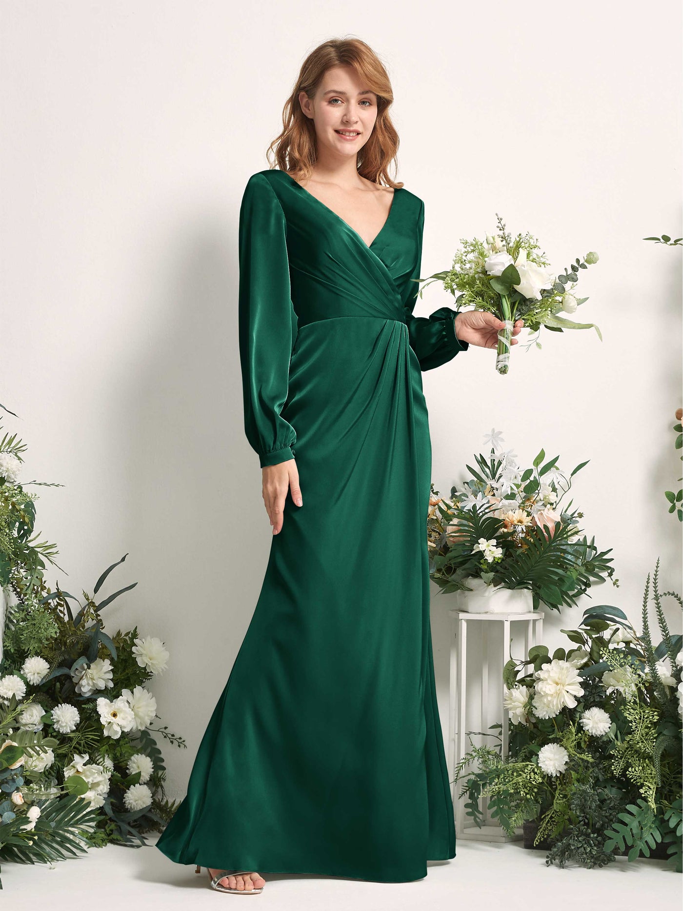 Carlyna Fourreau Sirène Col V Manches Longues Robes de demoiselle d'honneur Vert Chasseur #couleur_vert-chasseur