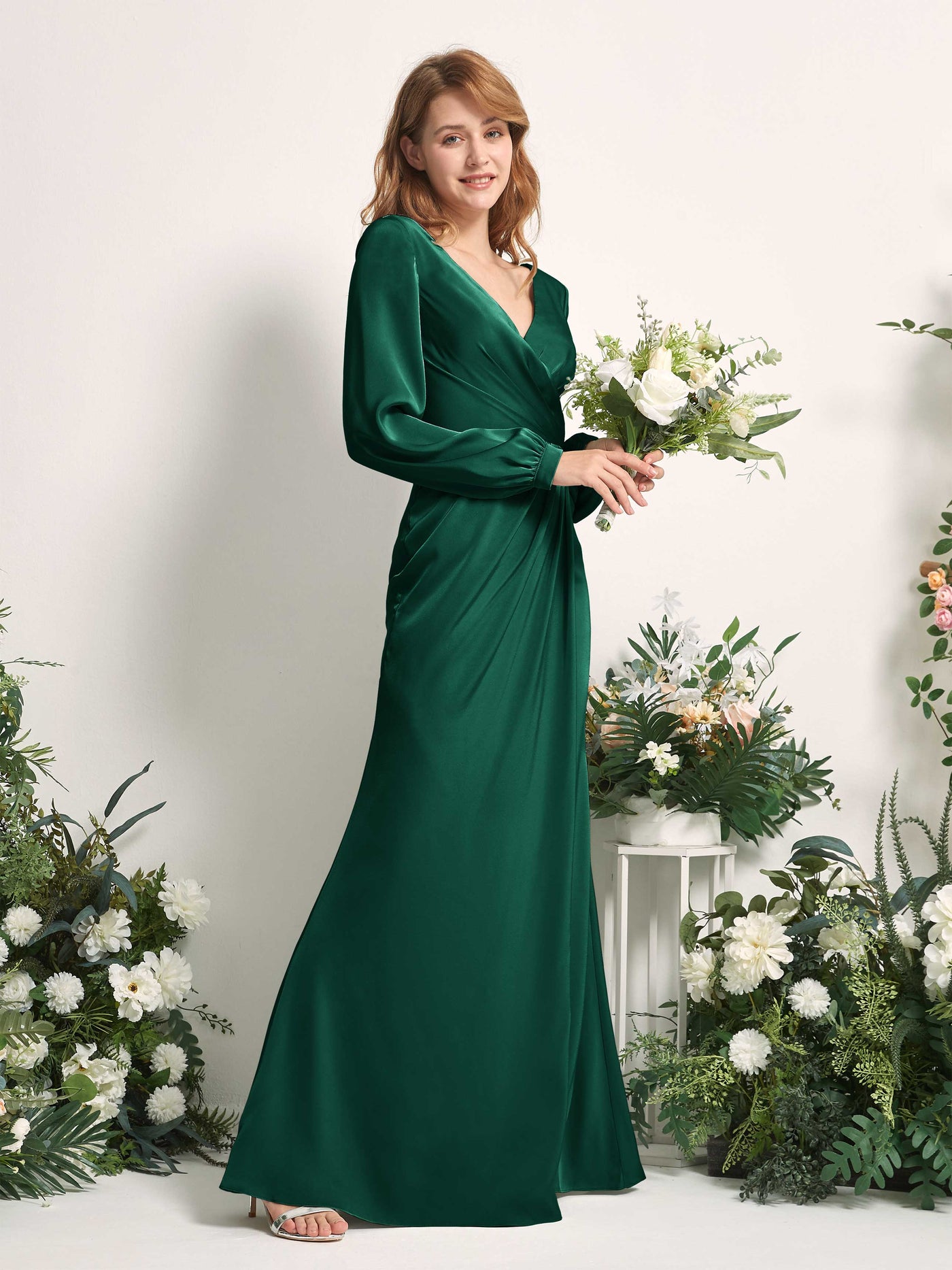 Carlyna Fourreau Sirène Col V Manches Longues Robes de demoiselle d'honneur Vert Chasseur #couleur_vert-chasseur