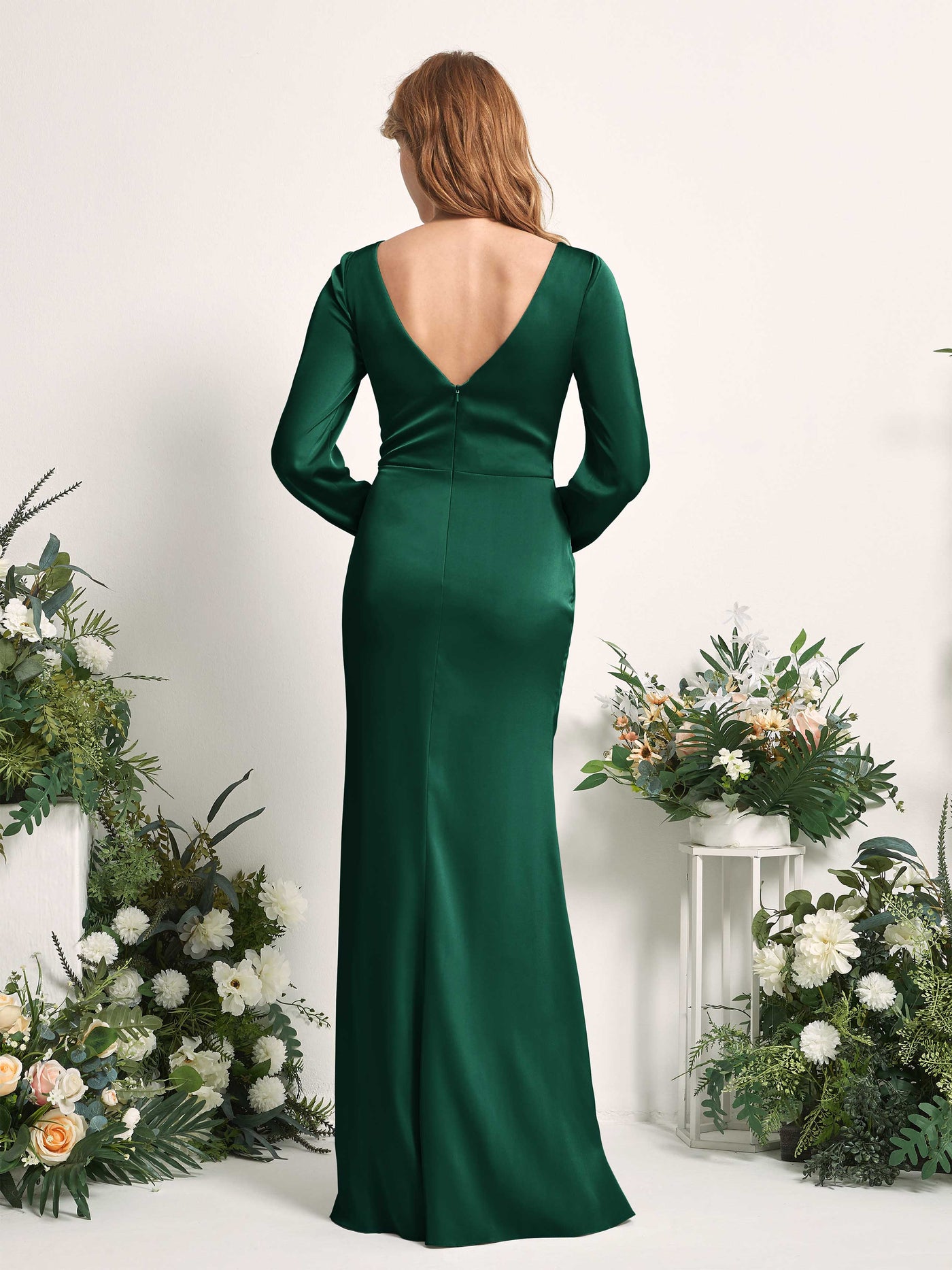 Carlyna Fourreau Sirène Col V Manches Longues Robes de demoiselle d'honneur Vert Chasseur #couleur_vert-chasseur