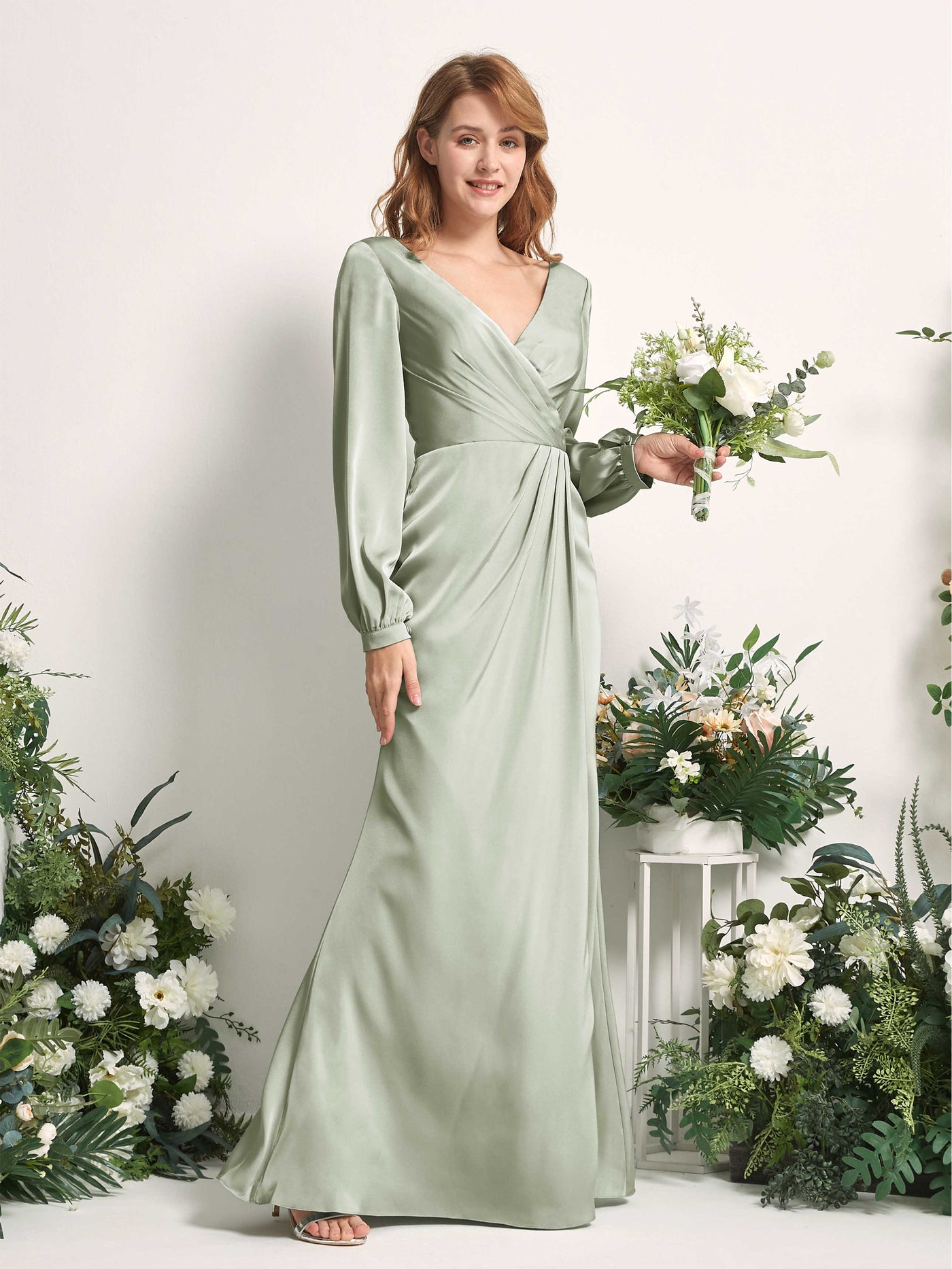 Carlyna Fourreau Sirène Col V Manches Longues Robes de demoiselle d'honneur Vert Sauge Foncé #couleur_vert-sauge-fonc