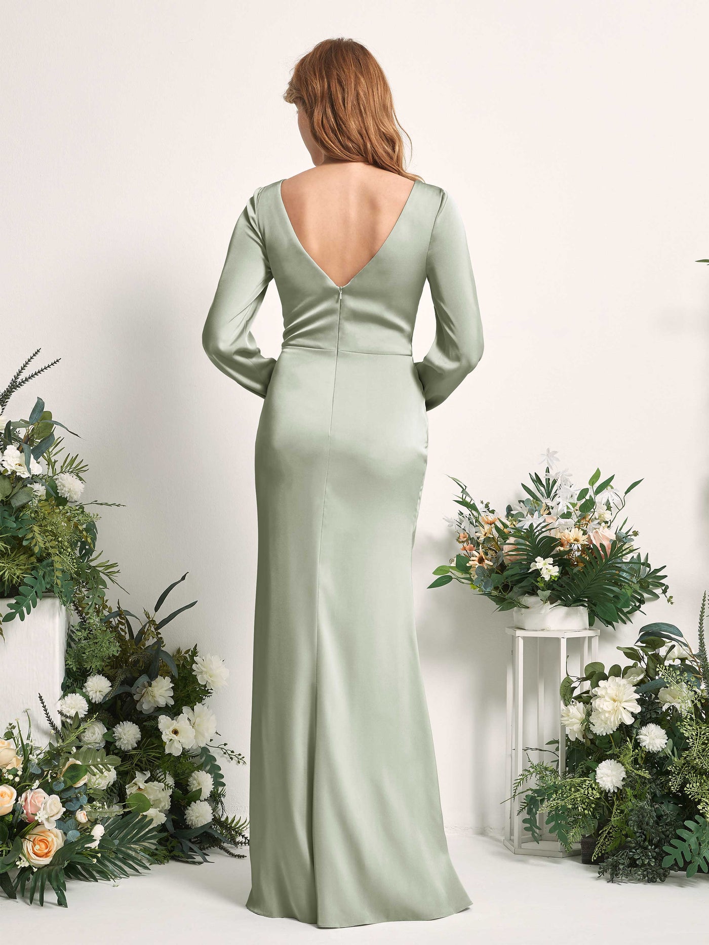 Carlyna Fourreau Sirène Col V Manches Longues Robes de demoiselle d'honneur Vert Sauge Foncé #couleur_vert-sauge-fonc