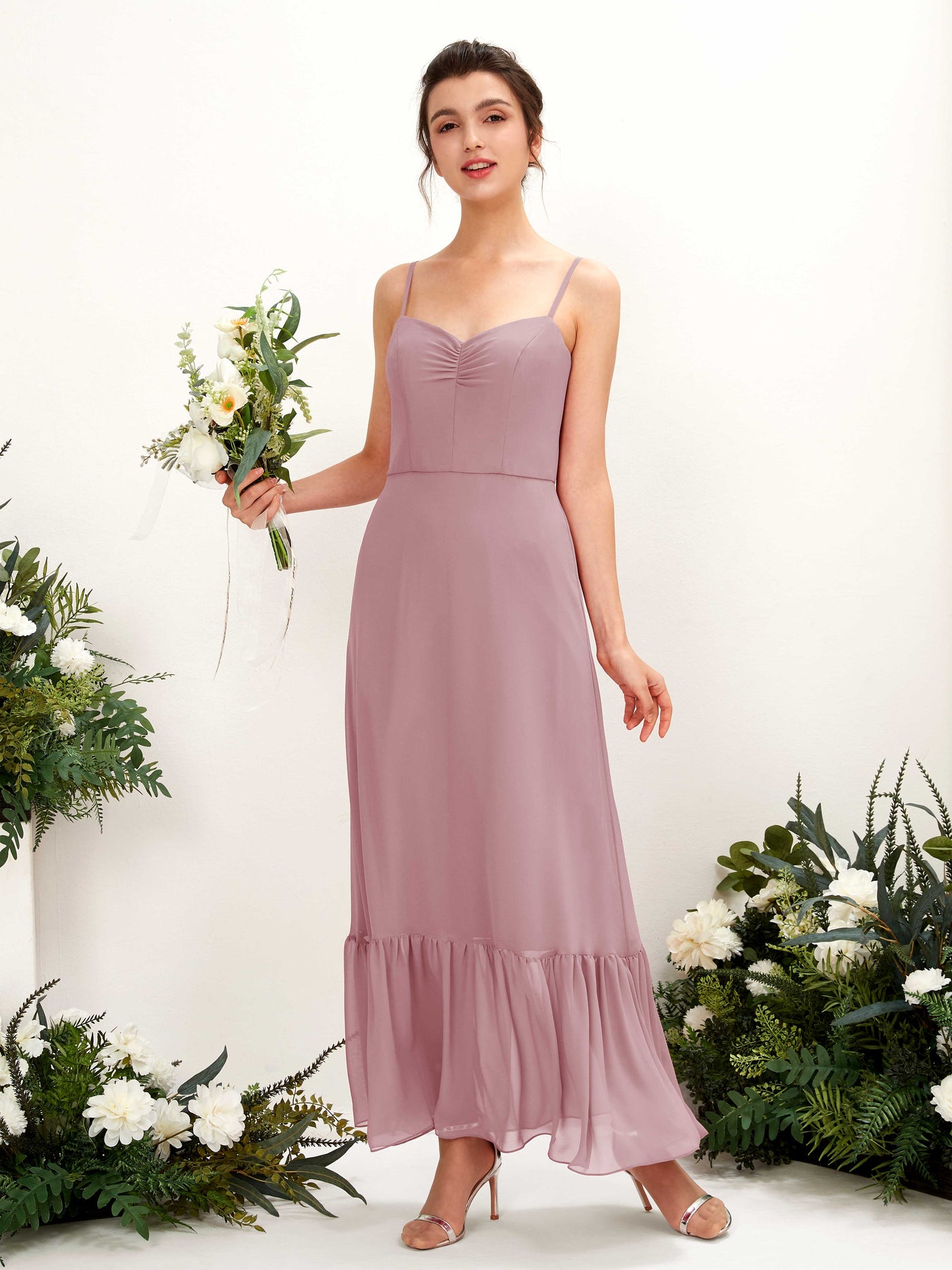 Carlyna Robe de demoiselle d'honneur Empire Bretelles spaghetti Longueur ras du sol Mauve Vintage #couleur_mauve-vintage