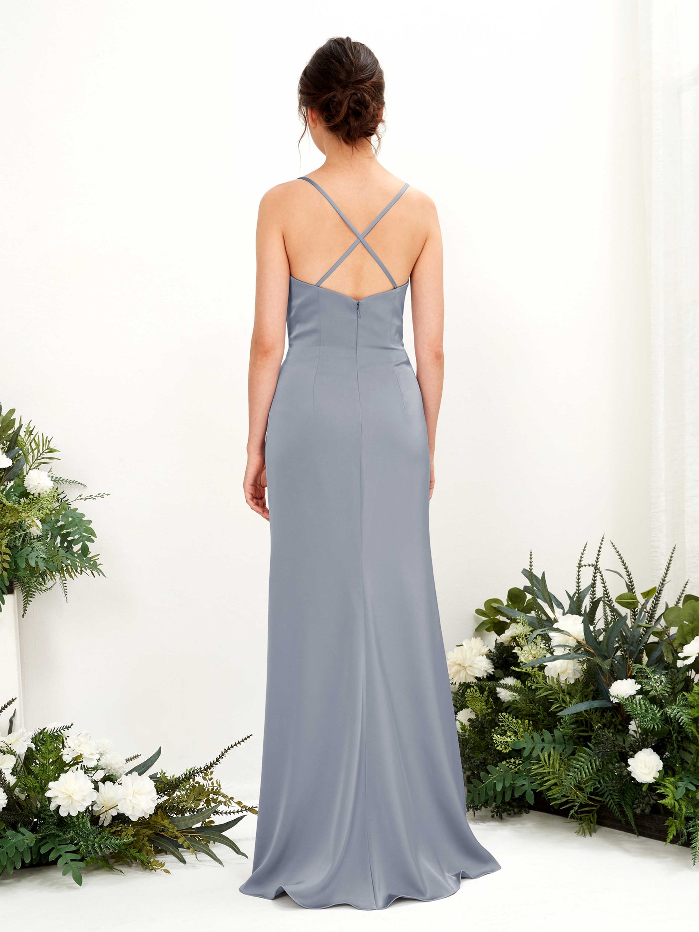 Carlyna Robe de demoiselle d'honneur Empire Col bénitier Longueur ras du sol Bleu Poussiéreux #couleur_bleu-poussi-reux