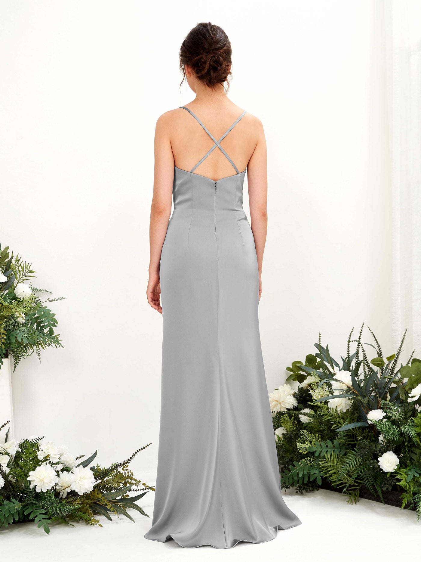 Carlyna Robe de demoiselle d'honneur Empire Col bénitier Longueur ras du sol Gris Boussole #couleur_gris-boussole