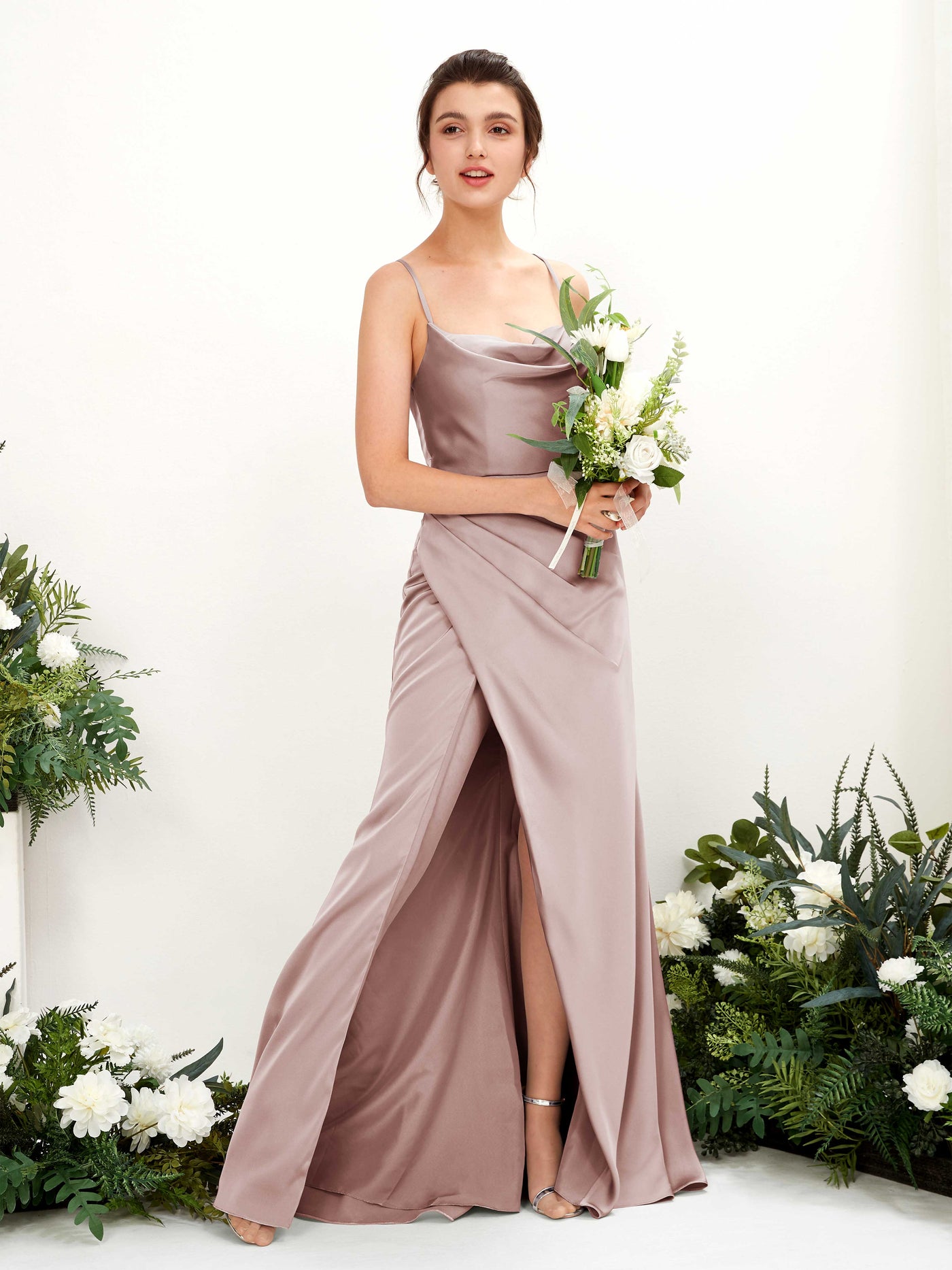 Carlyna Robe de demoiselle d'honneur Empire Col bénitier Longueur ras du sol Rose Poussiéreux #couleur_rose-poussi-reux