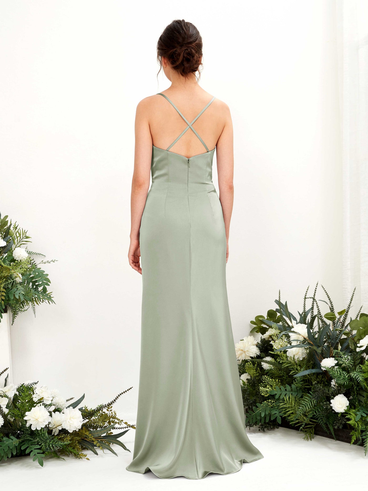 Carlyna Robe de demoiselle d'honneur Empire Col bénitier Longueur ras du sol Vert Sauge Foncé #couleur_vert-sauge-fonc