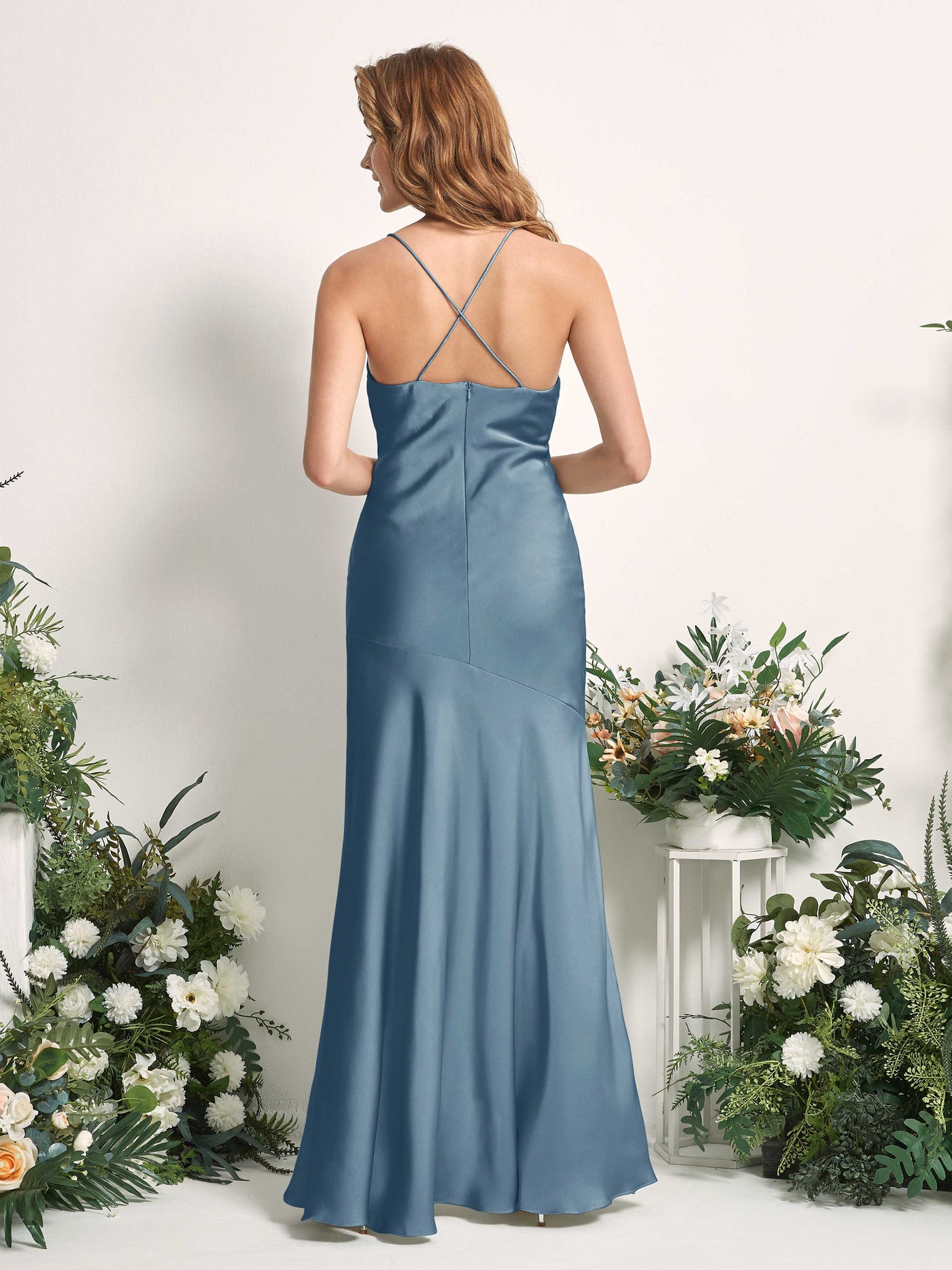 Carlyna Robe de demoiselle d'honneur Sirène Col bénitier Longueur ras du sol Bleu Encre #couleur_bleu-encre