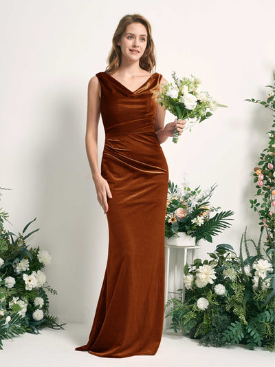 Carlyna Robe de demoiselle d'honneur sirène col V longueur ras du sol velours Orange Brûlé #couleur_orange-br-l