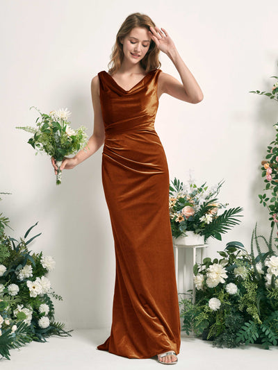 Carlyna Robe de demoiselle d'honneur sirène col V longueur ras du sol velours Orange Brûlé #couleur_orange-br-l