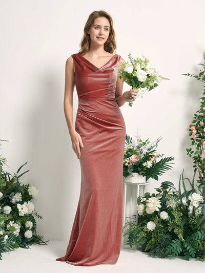 Carlyna Robe de demoiselle d'honneur sirène col V longueur ras du sol velours Rose Poussiéreux #couleur_rose-poussi-reux