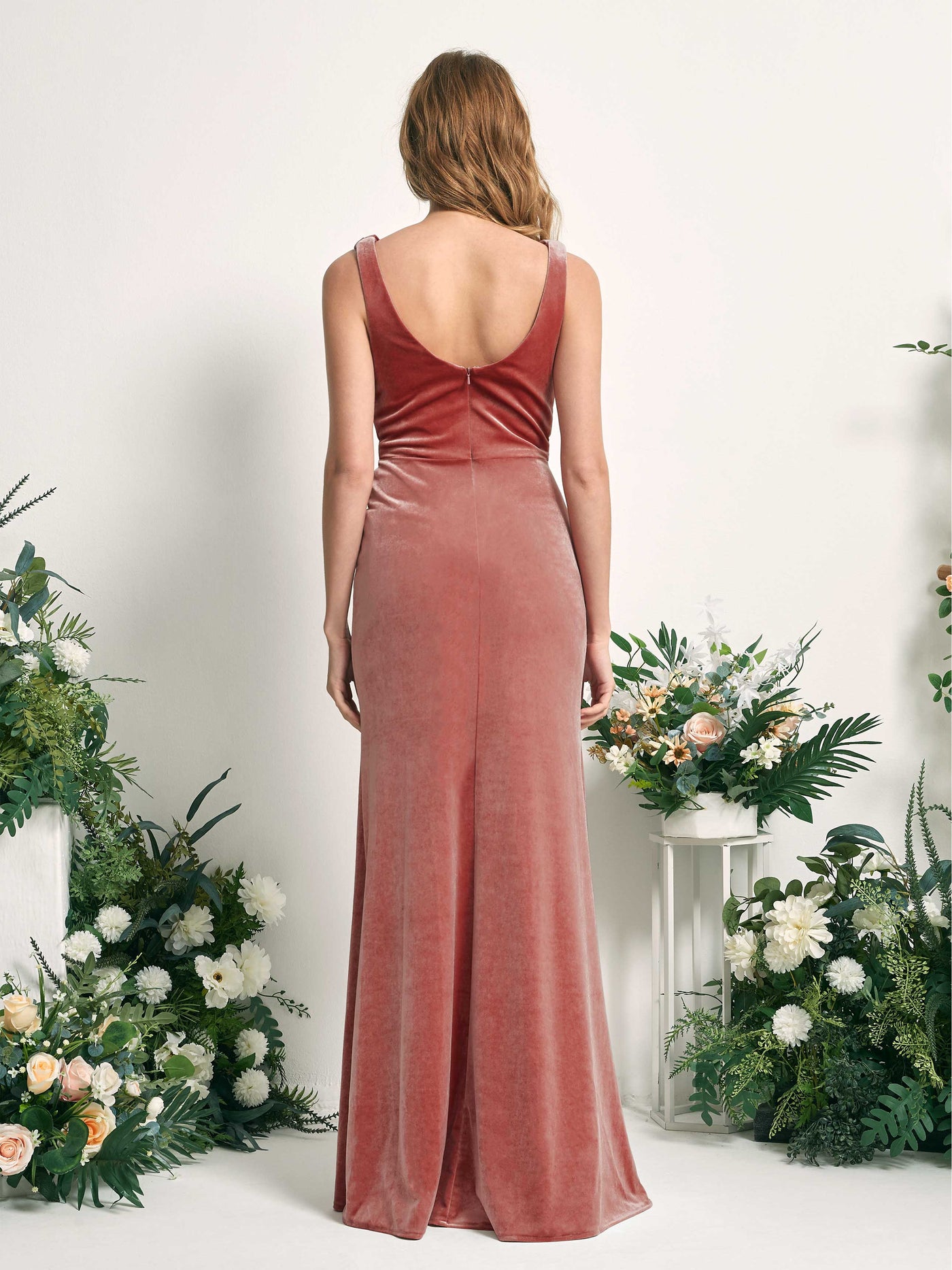 Carlyna Robe de demoiselle d'honneur sirène col V longueur ras du sol velours Rose Poussiéreux #couleur_rose-poussi-reux