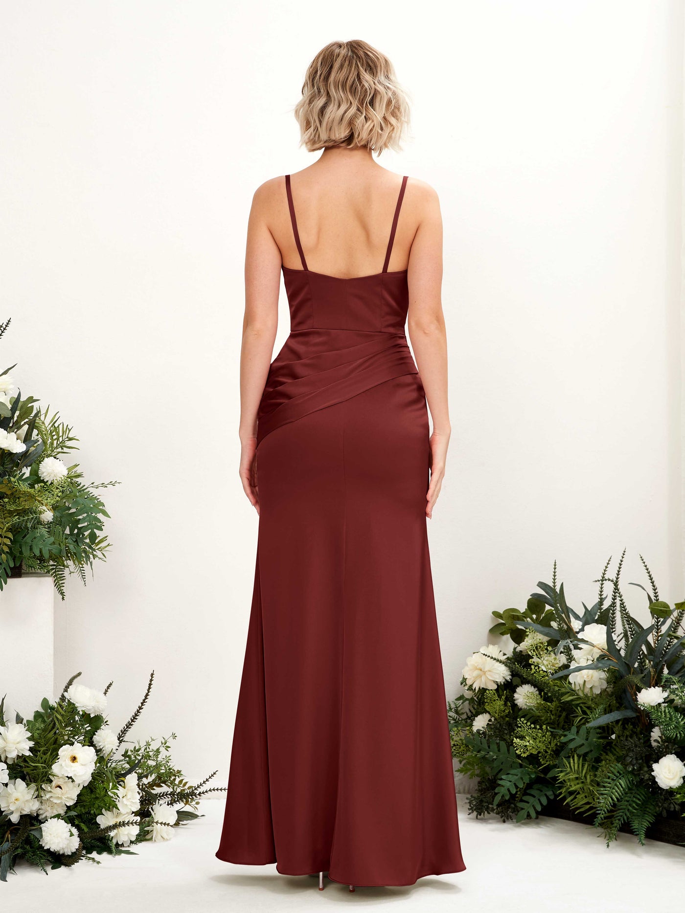 Carlyna Robe de demoiselle d'honneur sirène col V satin longueur ras du sol Bordeaux #couleur_bordeaux
