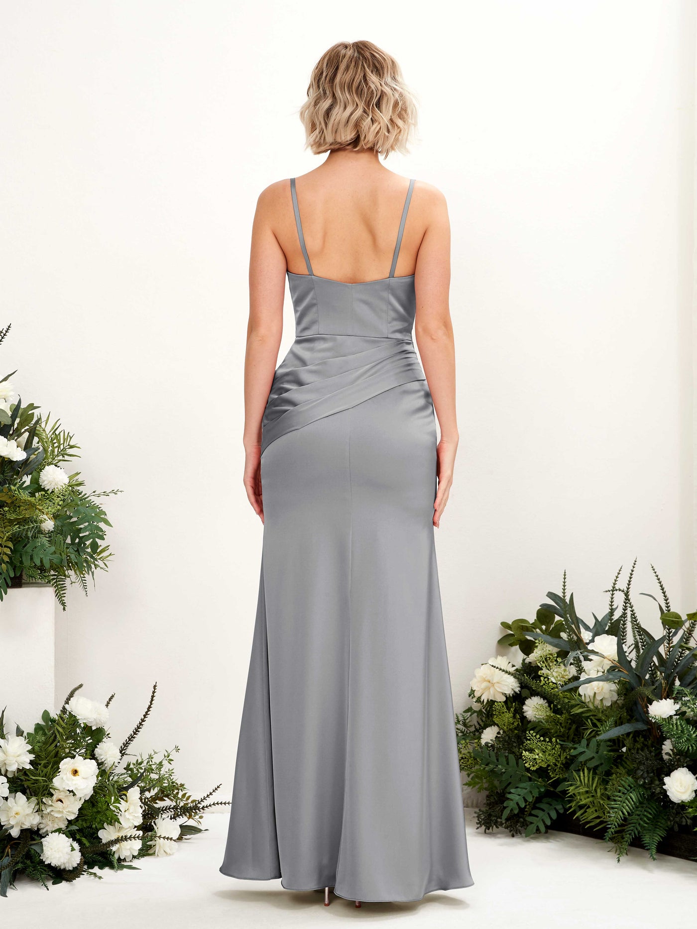 Carlyna Robe de demoiselle d'honneur sirène col V satin longueur ras du sol Gris Acier #couleur_gris-acier